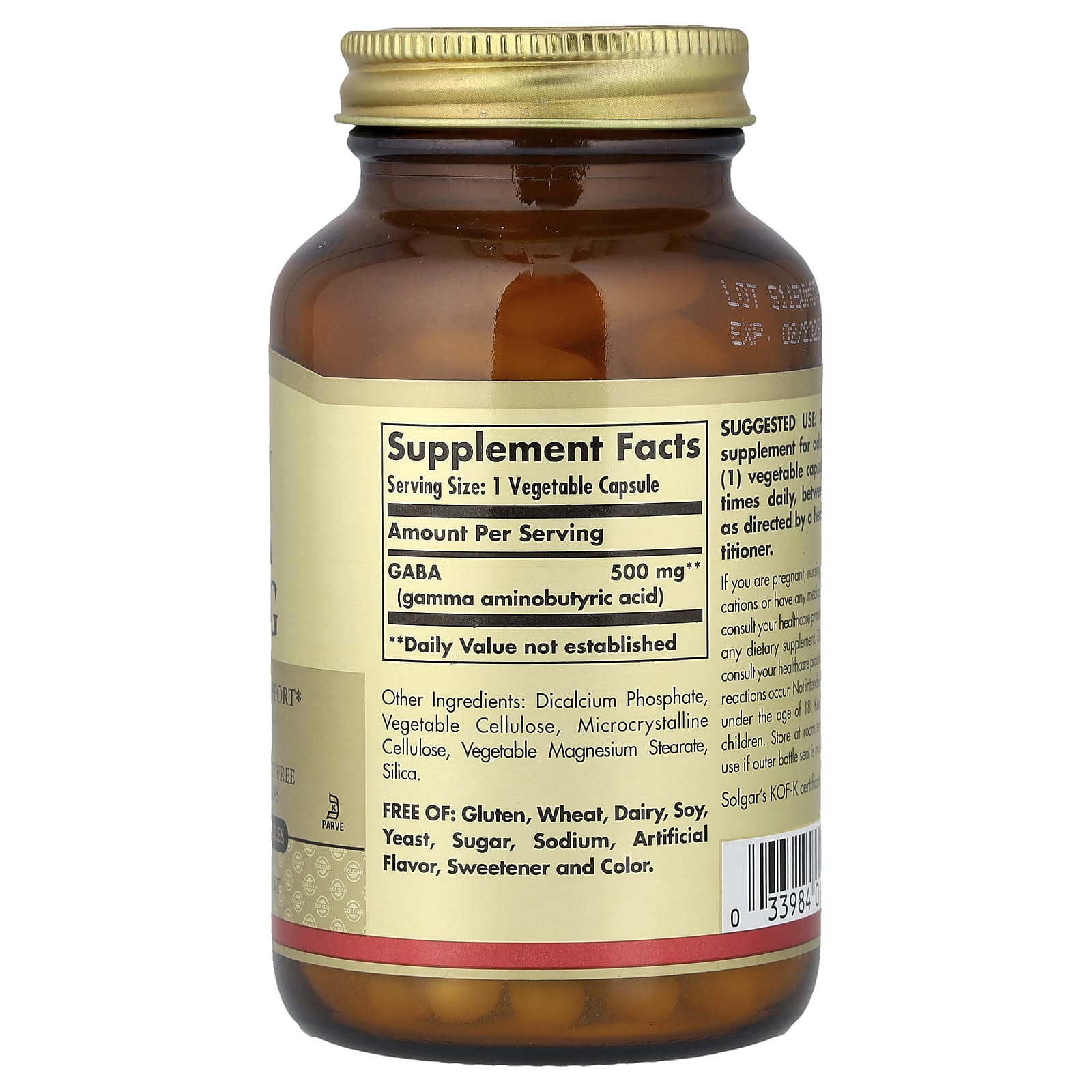 Solgar GABA – 100 gélules végétales – 500 mg — photo 2 sur 2