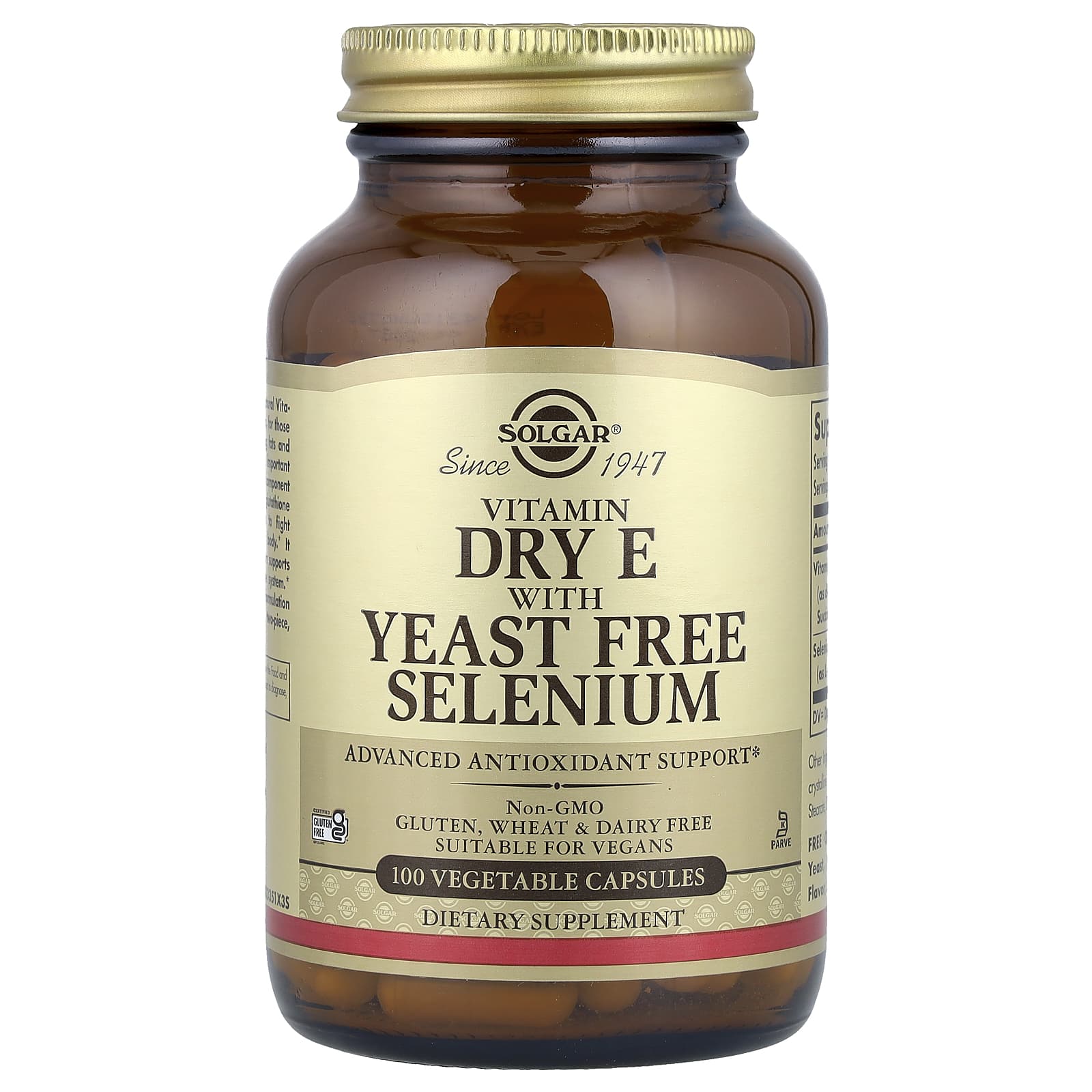 Solgar Vitamin Dry E with Yeast Free Selenium, 100 Vegetable Capsules — Tunisie