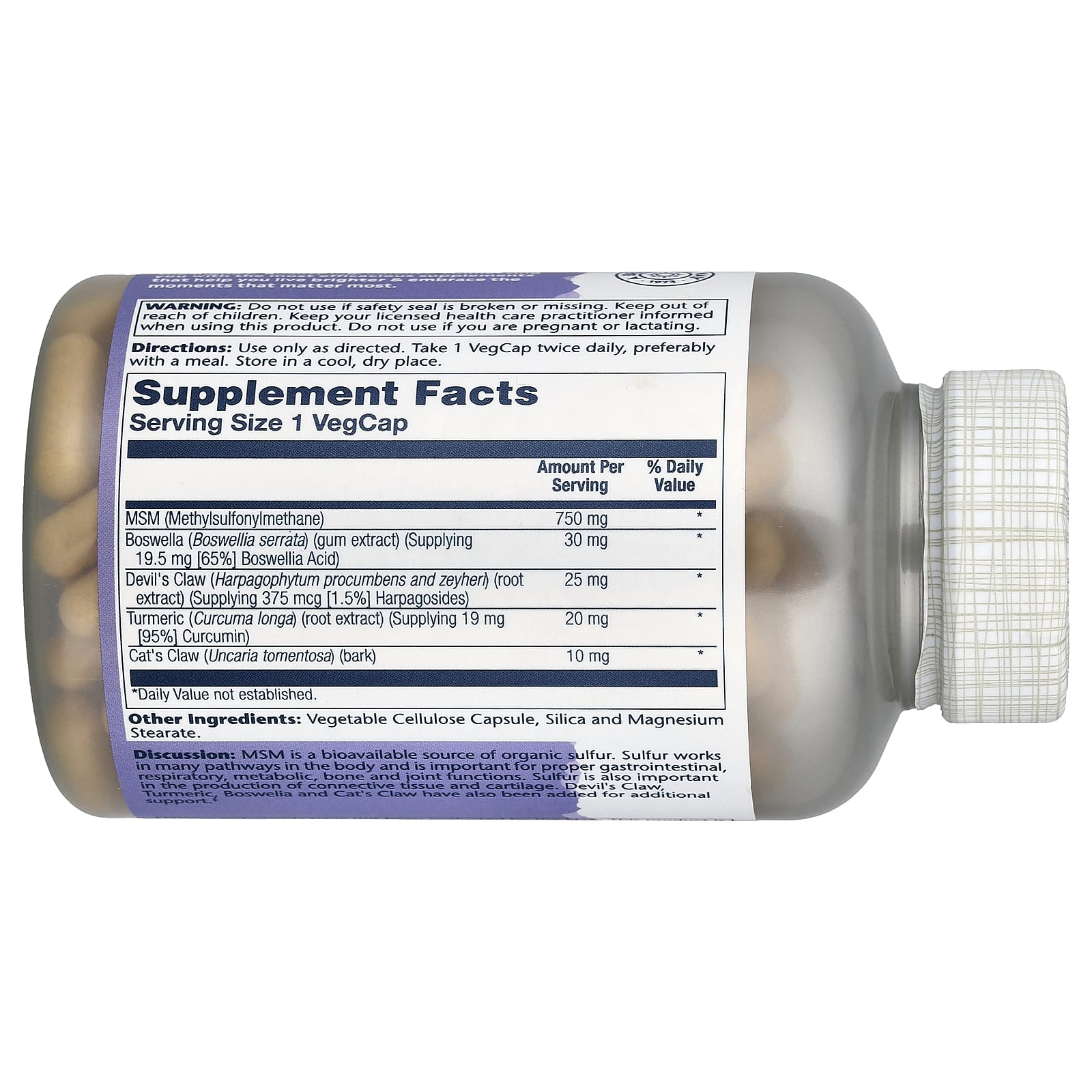 Solaray MSM with Turmeric, Boswellia & Devil's Claw, 180 VegCaps — photo 2 sur 2