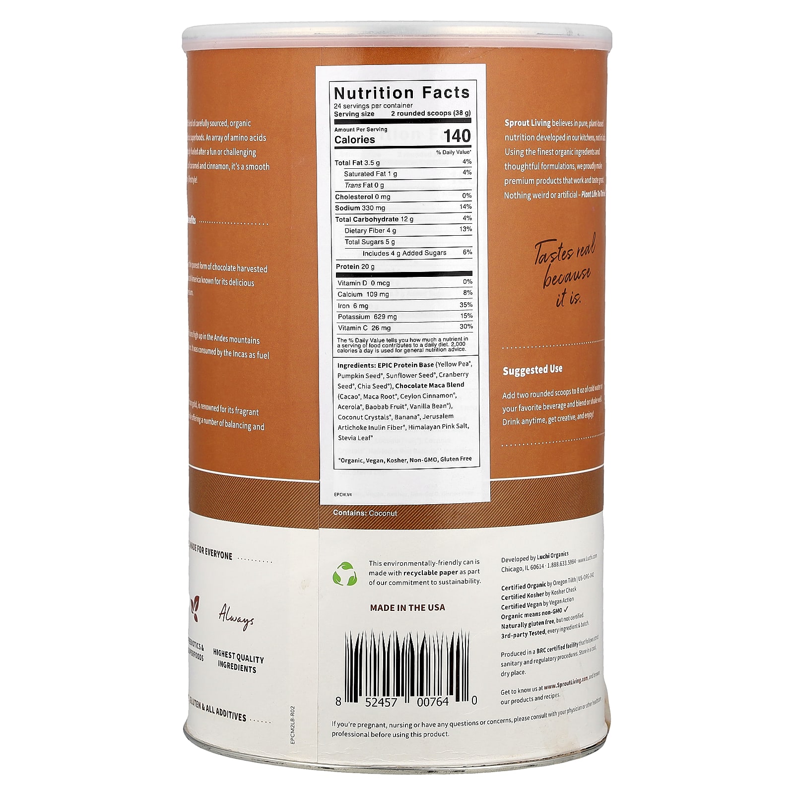 Sprout Living Epic Protein, Organic Plant Protein + Superfoods – Chocolate Maca – 912 g — photo 2 sur 2