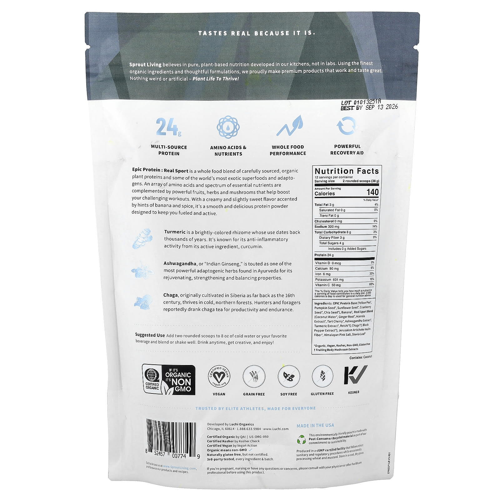 Sprout Living Epic Protein, Real Sport, Organic Plant Protein + Superfoods – 456 g — photo 2 sur 2