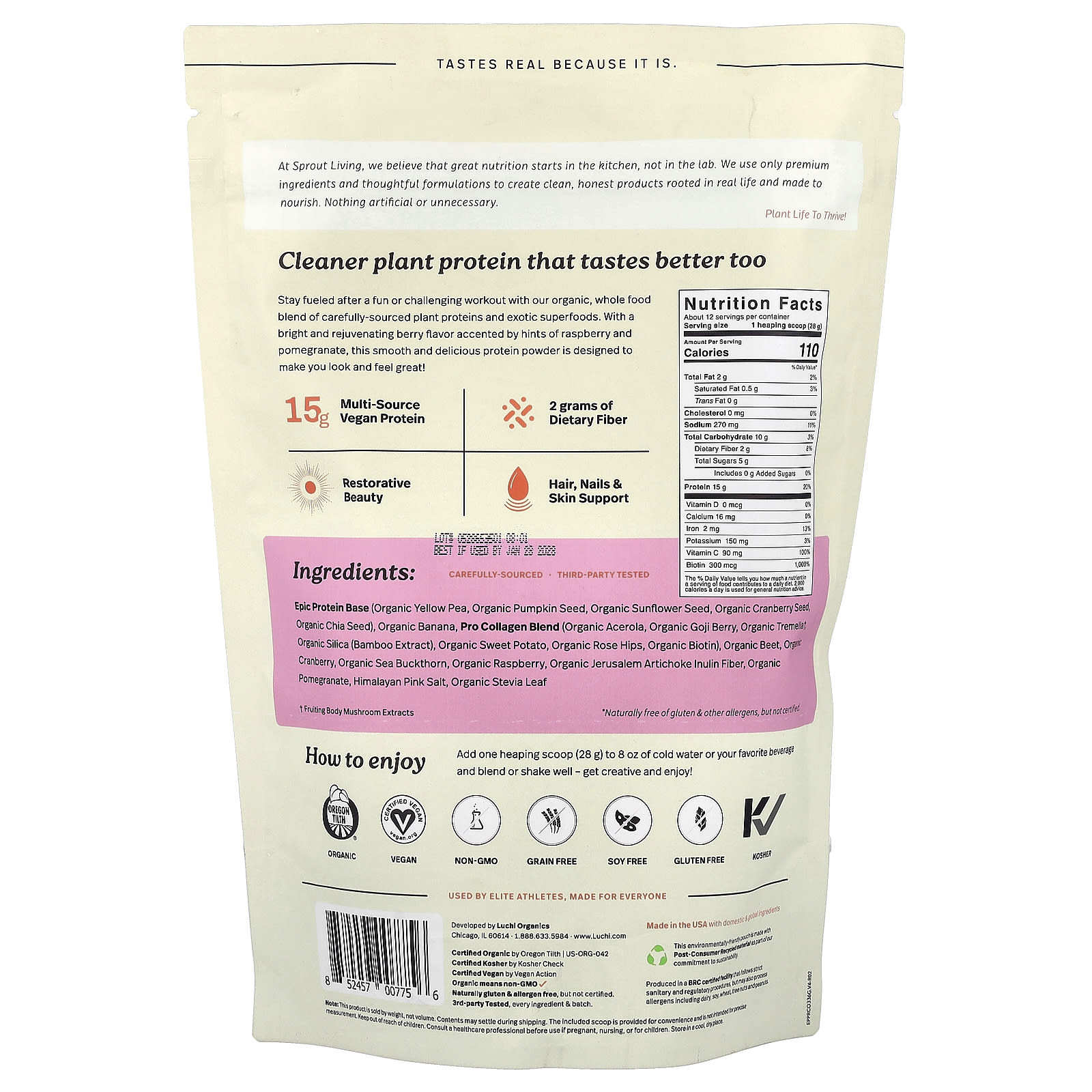 Sprout Living Epic Protein, Pro Collagen, Plant + Superfoods – Berry – 336 g — photo 2 sur 2