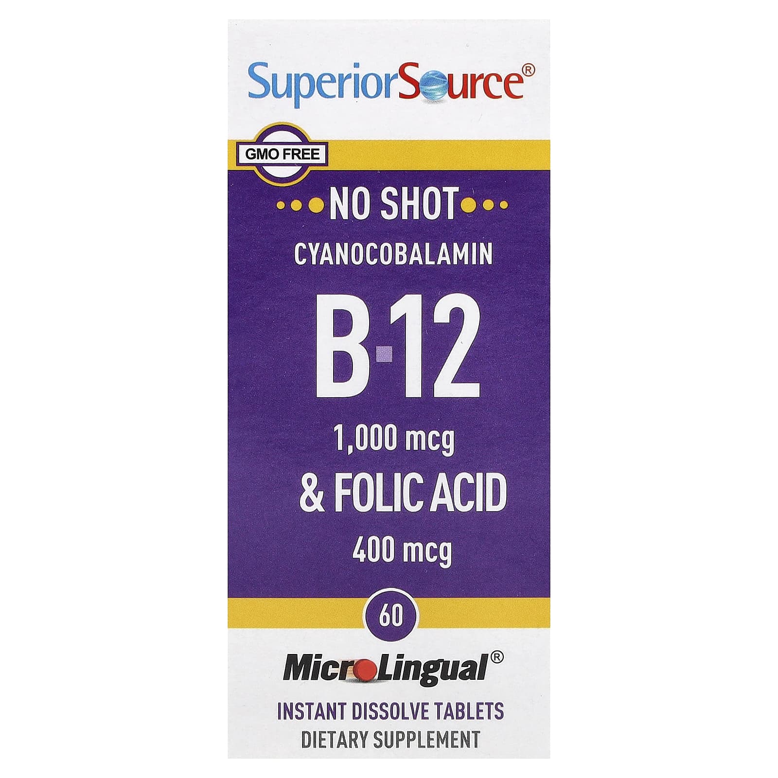 Superior Source Cyanocobalamin B-12 & Folic Acid, 60 MicroLingual Instant Dissolve Tablets — Tunisie