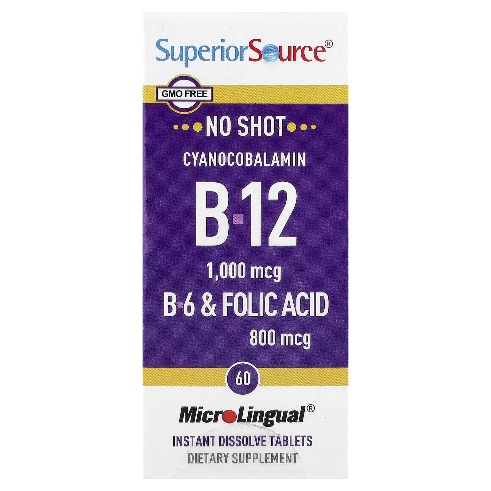 Superior Source Cyanocobalamin B-12, B-6 & Folic Acid, 60 MicroLingual Instant Dissolve Tablets — Tunisie