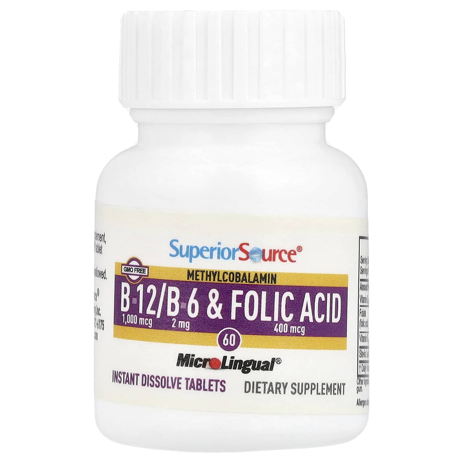 Superior Source Methylcobalamin B-12, B-6 & Folic Acid, 60 MicroLingual Instant Dissolve Tablets — étiquette 1