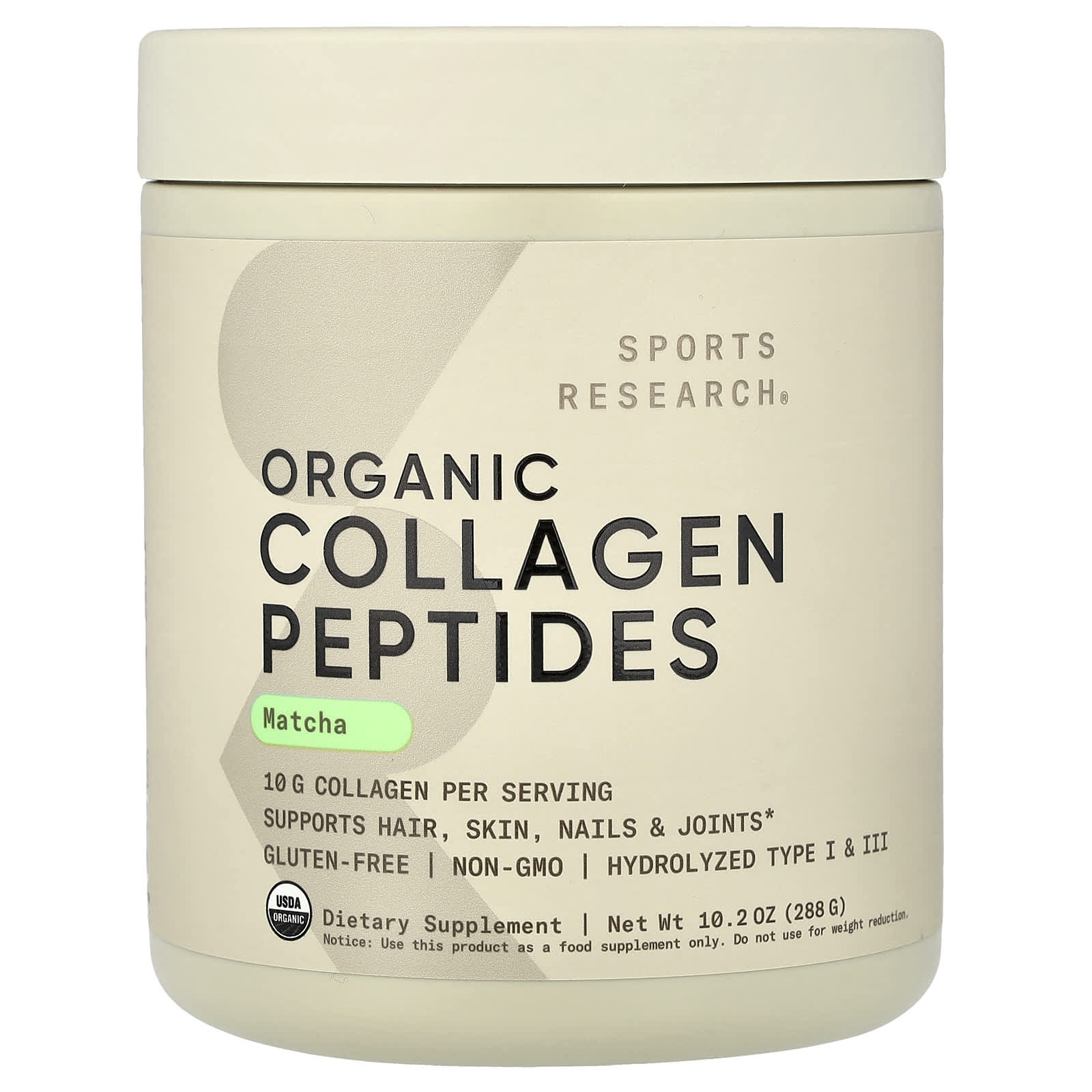 Sports Research Organic Collagen Peptides, Matcha – 288 g — Tunisie