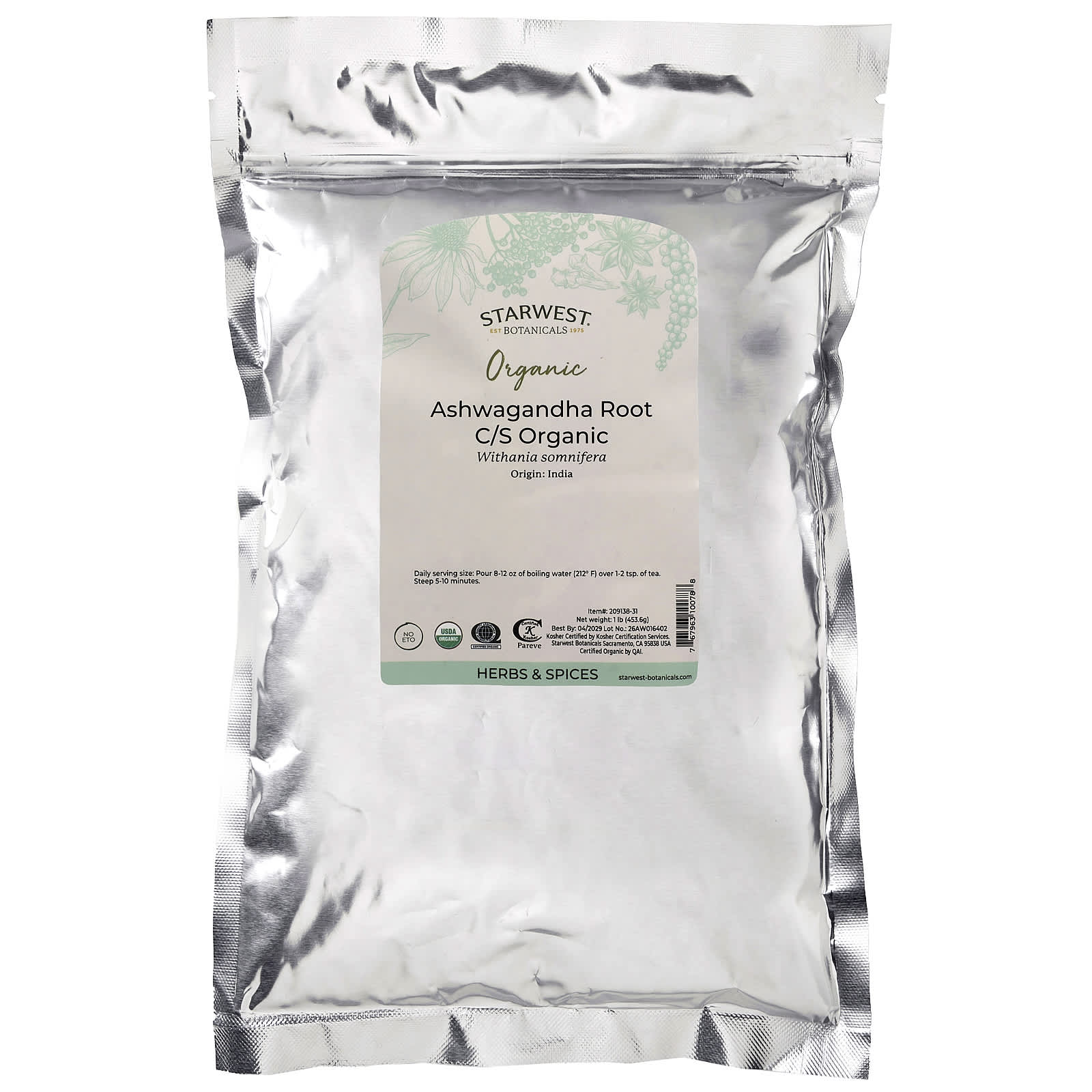 Starwest Botanicals Organic Ashwagandha Root C/S – 453,6 g — photo 2 sur 2
