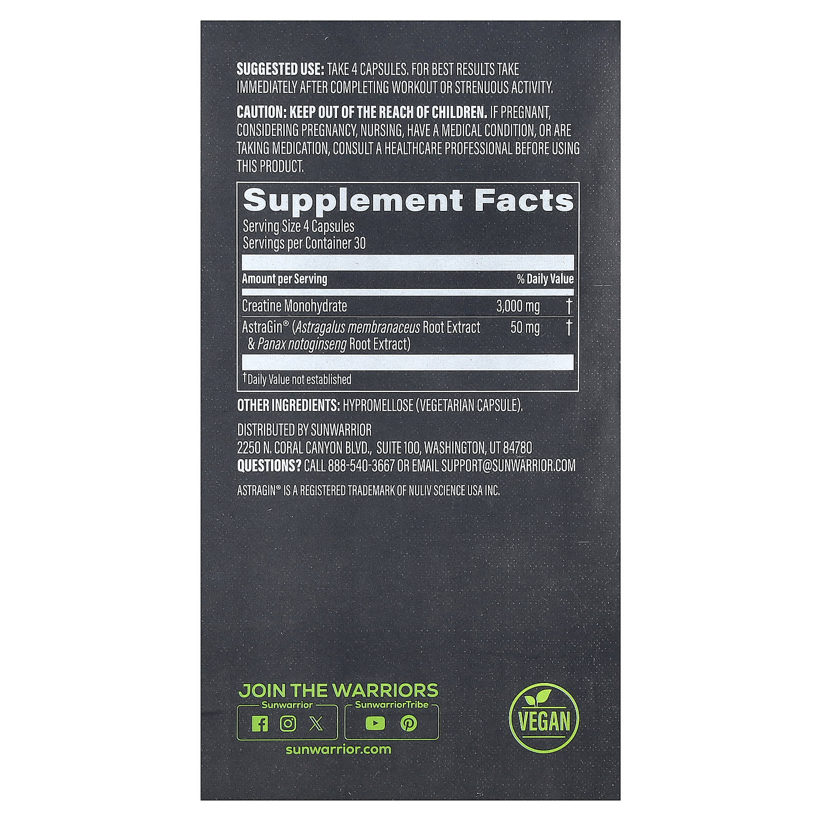 Sunwarrior Post-Workout Creatine 3000 & Astragin – 120 gélules véganes — photo 2 sur 2