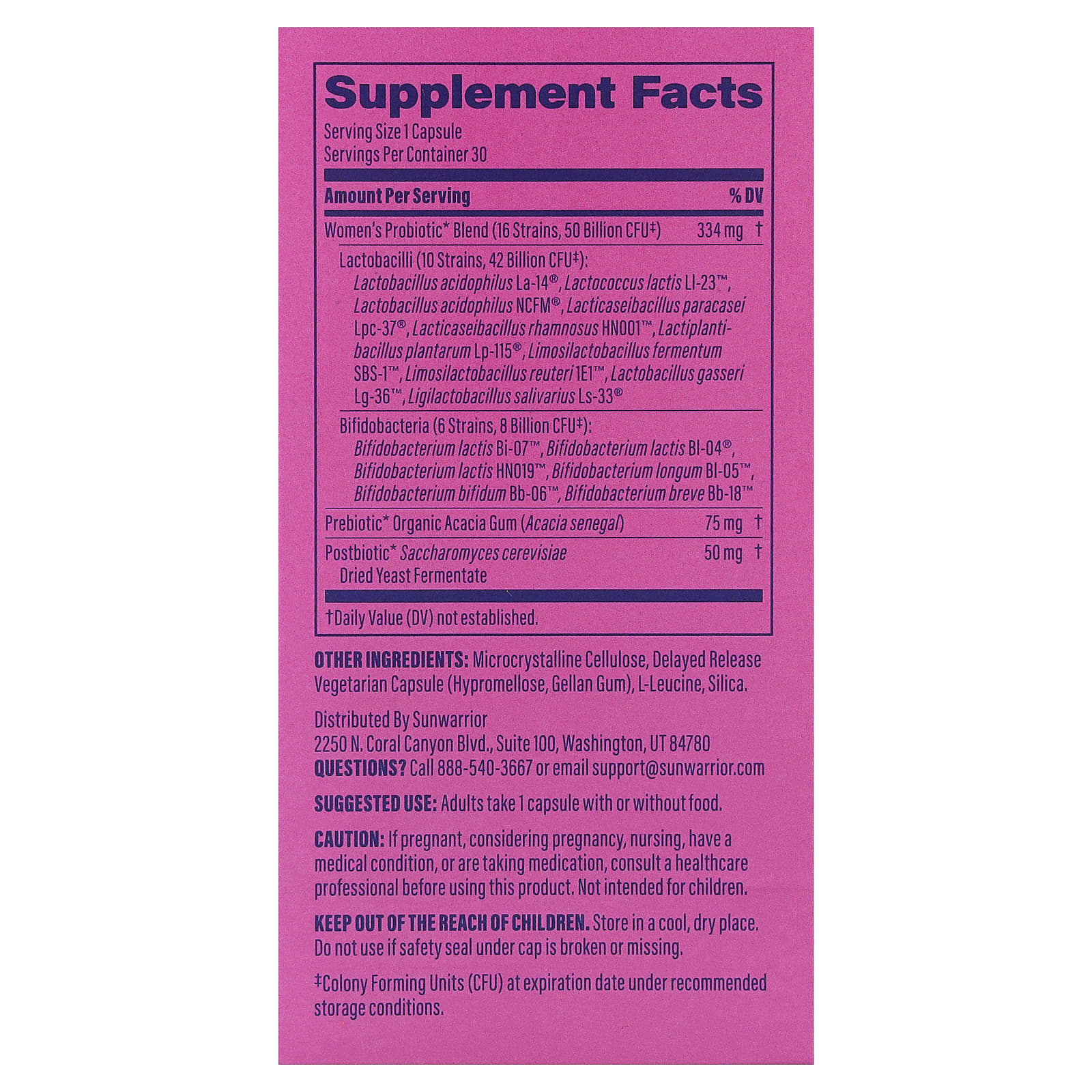 Sunwarrior Women's Probiotic – 30 gélules végétales — photo 2 sur 2