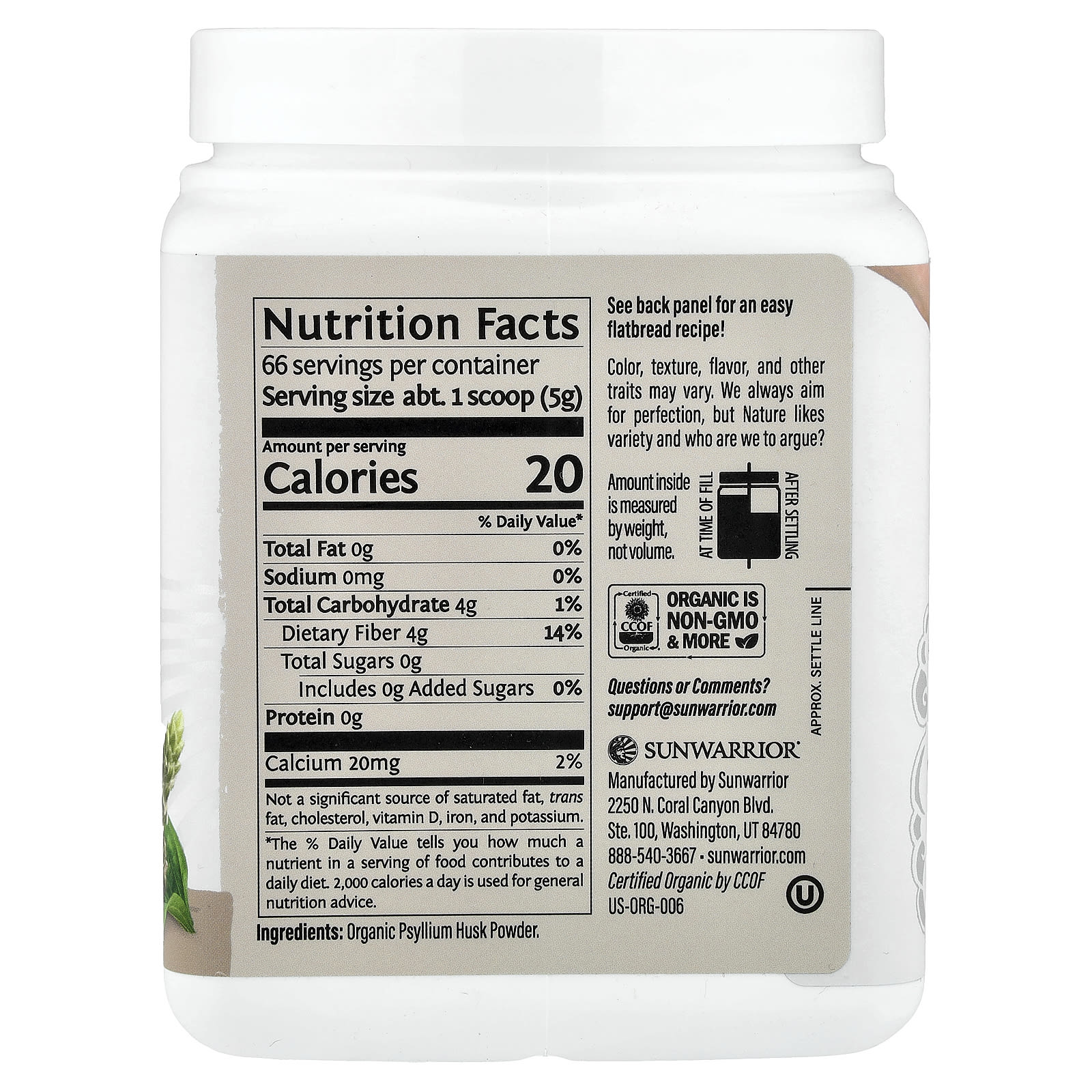 Sunwarrior Harvest, Organic Psyllium Husk Powder – 330 g — photo 2 sur 2