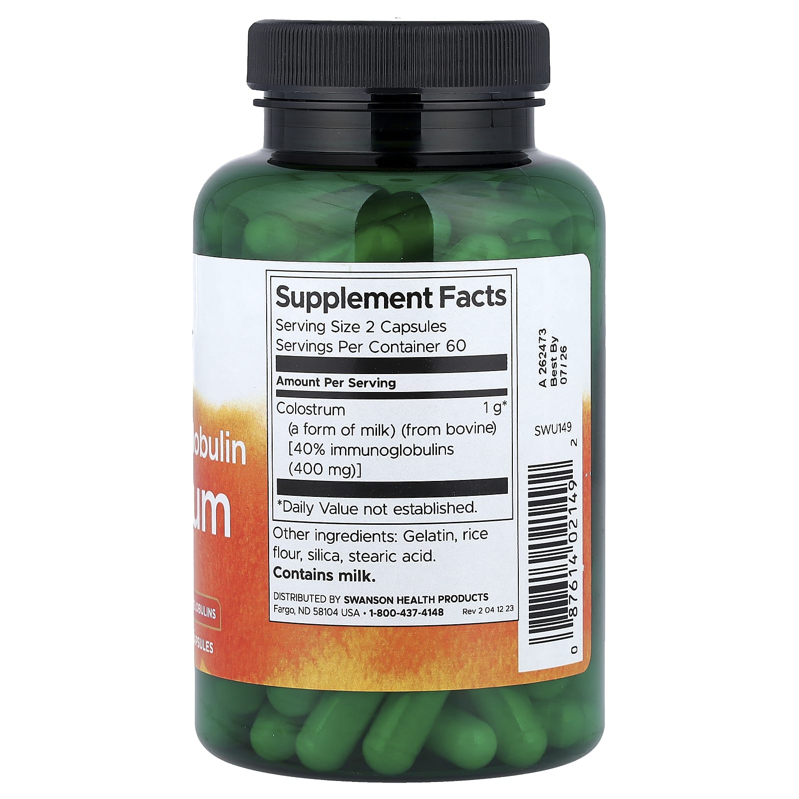 Swanson Vitamins High Immunoglobulin Colostrum – 120 gélules — photo 2 sur 2