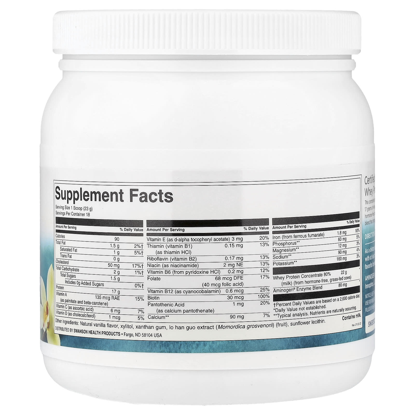 Swanson Vitamins Certified rBGH-Free, Grass-Fed Whey Protein Powder – Vanilla – 420 g — photo 2 sur 2