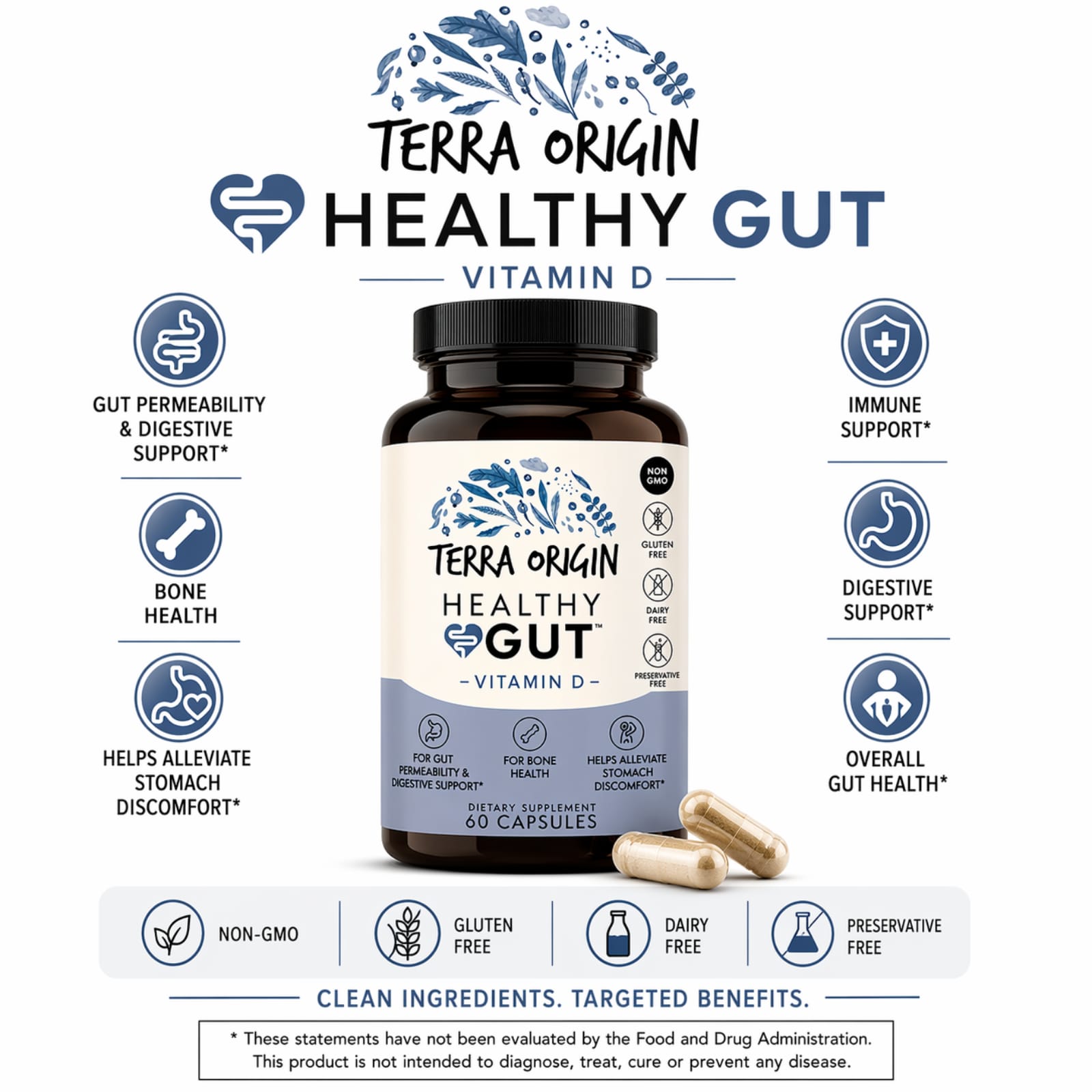 Terra Origin Healthy Gut Capsules with Vitamin D – 60 gélules — étiquette 1