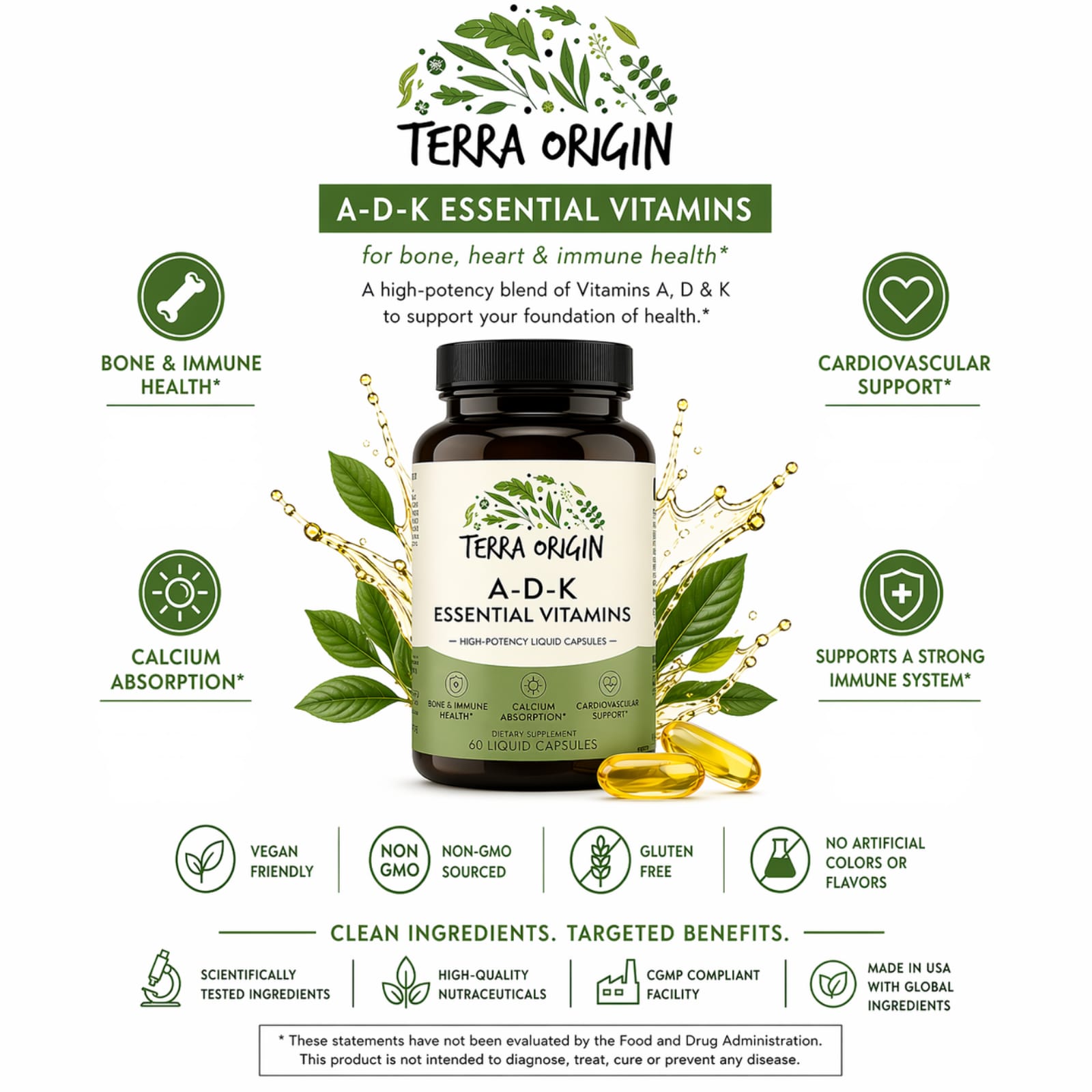 Terra Origin A-D-K Essential Vitamins, 60 Liquid Capsules — étiquette 1