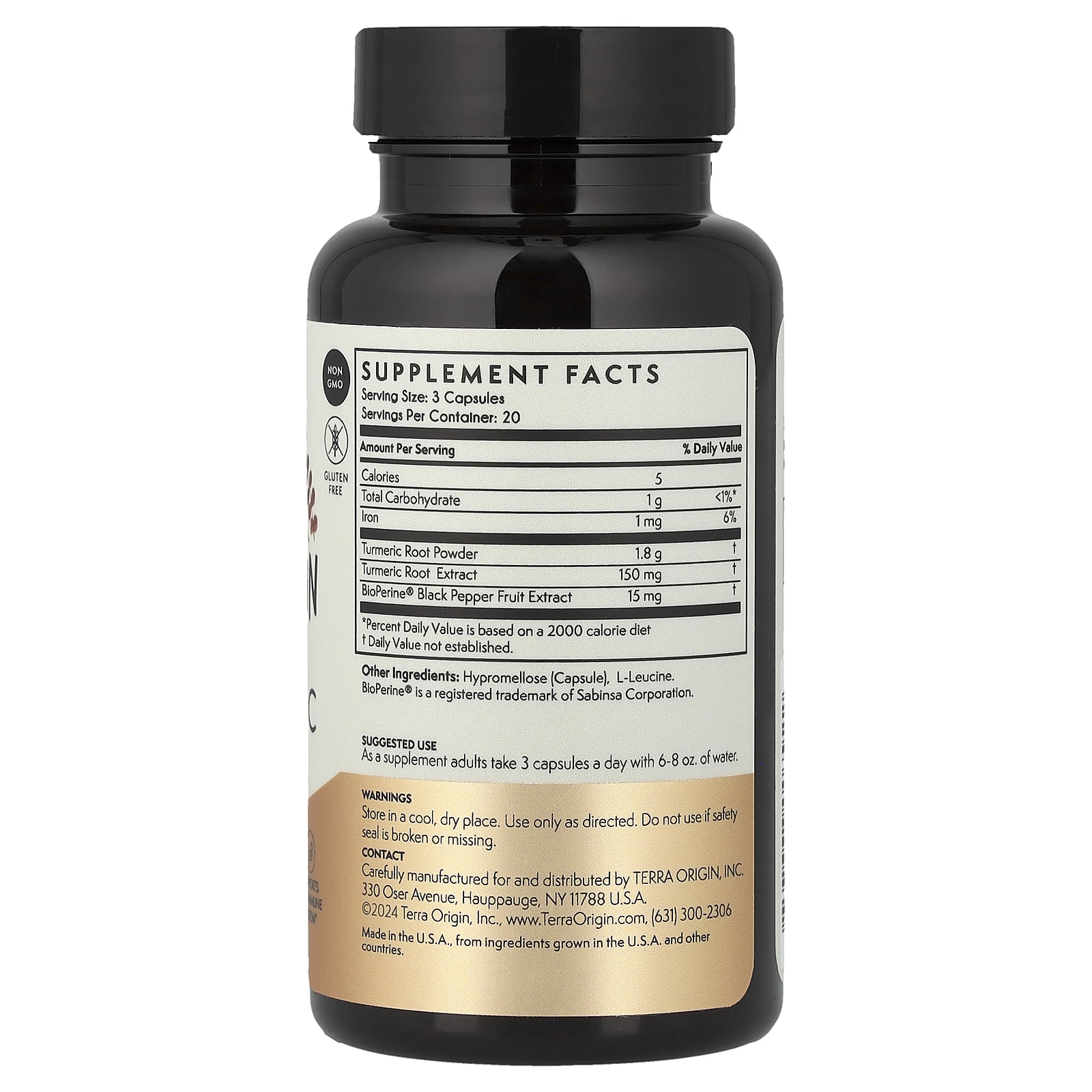Terra Origin Turmeric With BioPerine, 60 Vegetable Capsules — photo 2 sur 2