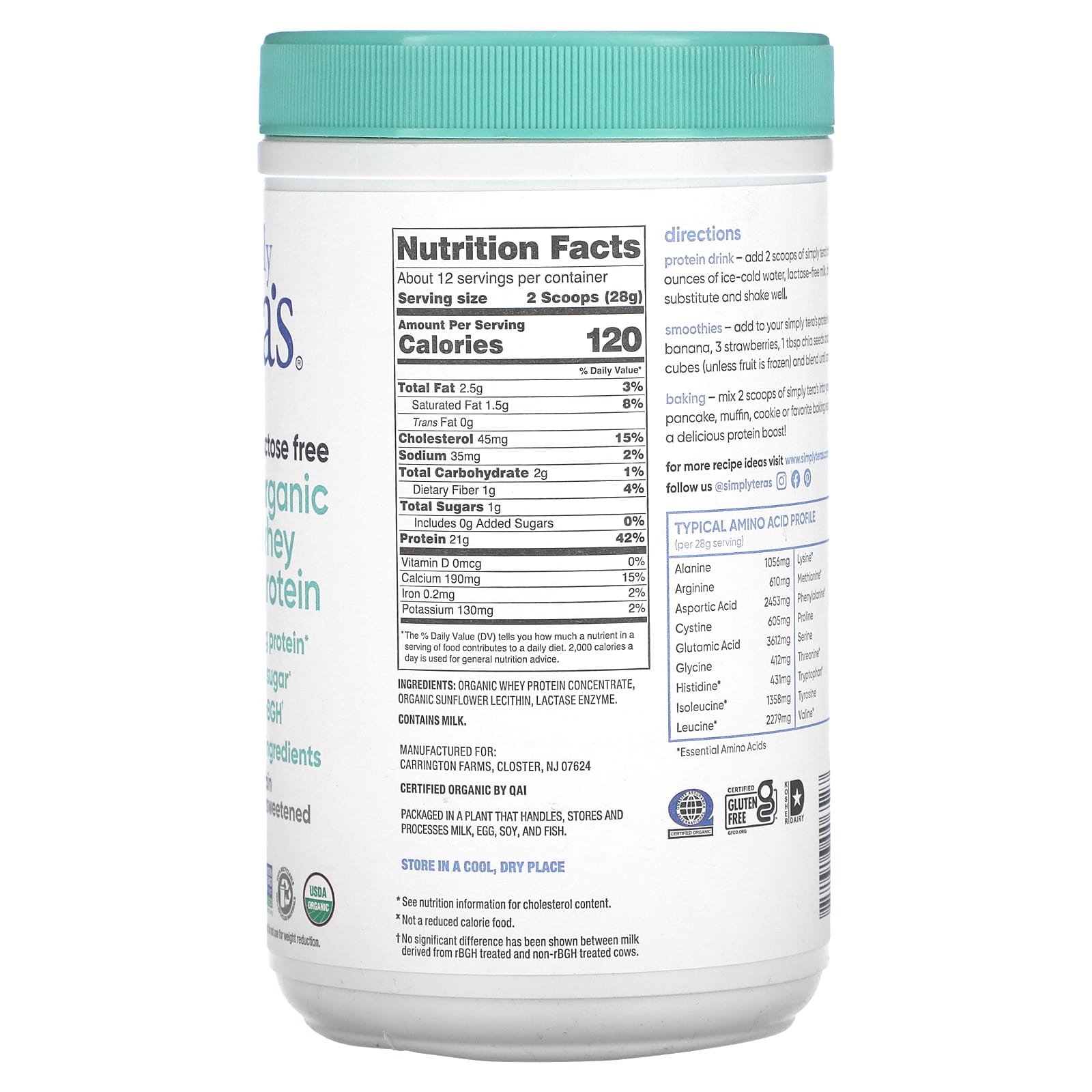 Simply Tera's Organic Whey Protein, Lactose Free, Plain Unsweetened – 340 g — photo 2 sur 2