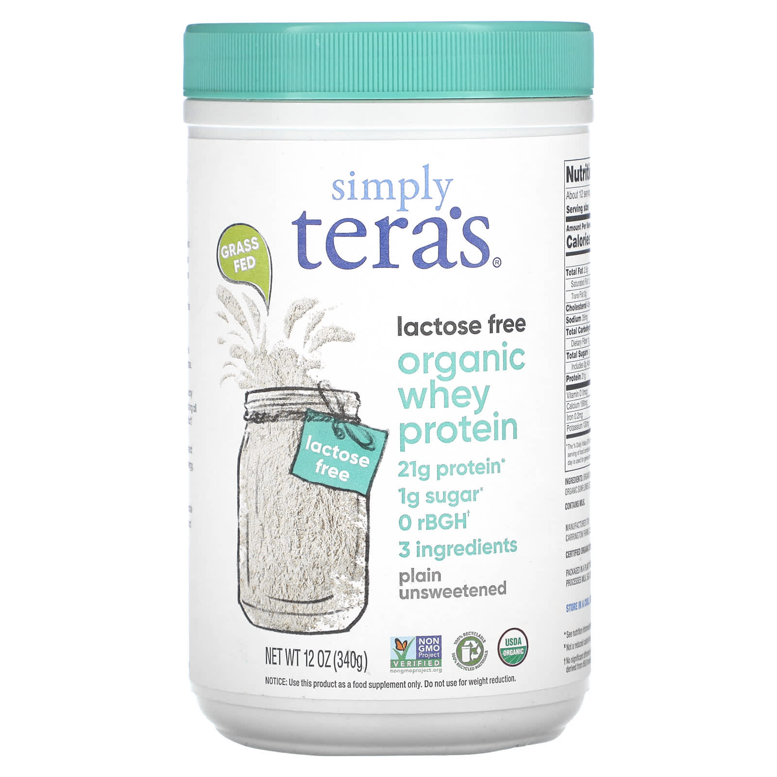 Simply Tera's Organic Whey Protein, Lactose Free, Plain Unsweetened – 340 g — Tunisie