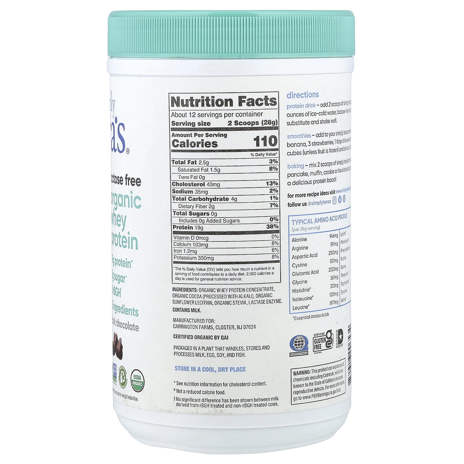 Simply Tera's Organic Whey Protein, Lactose Free – Dark Chocolate – 340 g — photo 2 sur 2