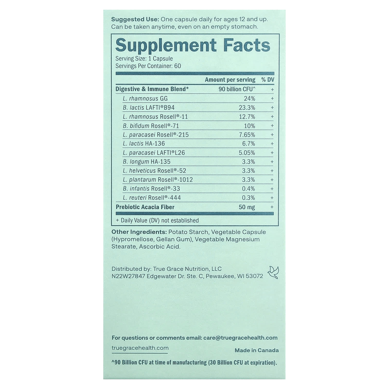 True Grace One Daily Probiotic – 60 gélules végétales — photo 2 sur 2