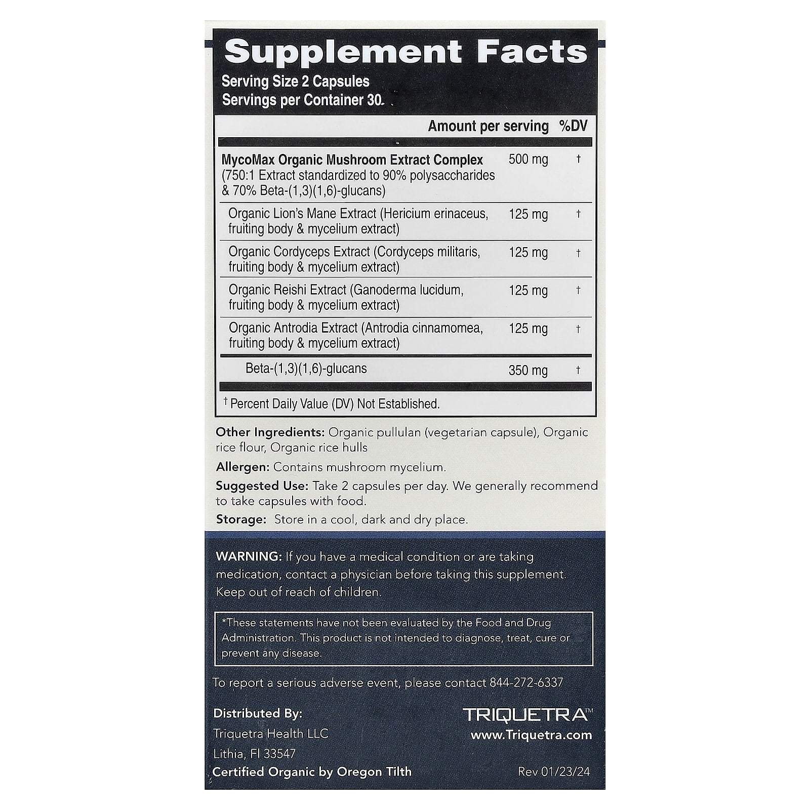 Triquetra Health MycoMax, Mushroom Extract Complex, Maximum Strength – 60 gélules — photo 2 sur 2