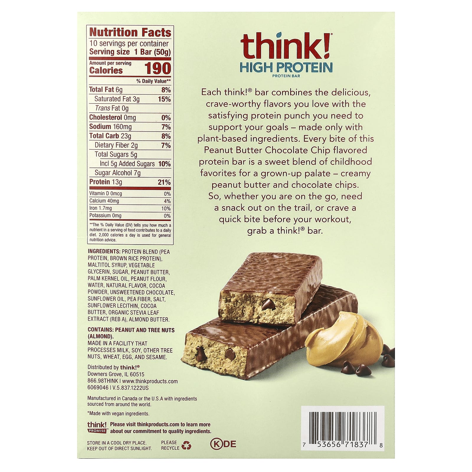 Think ! Plant Based High Protein Bars – Peanut Butter Chocolate Chip – 50 g — photo 2 sur 2