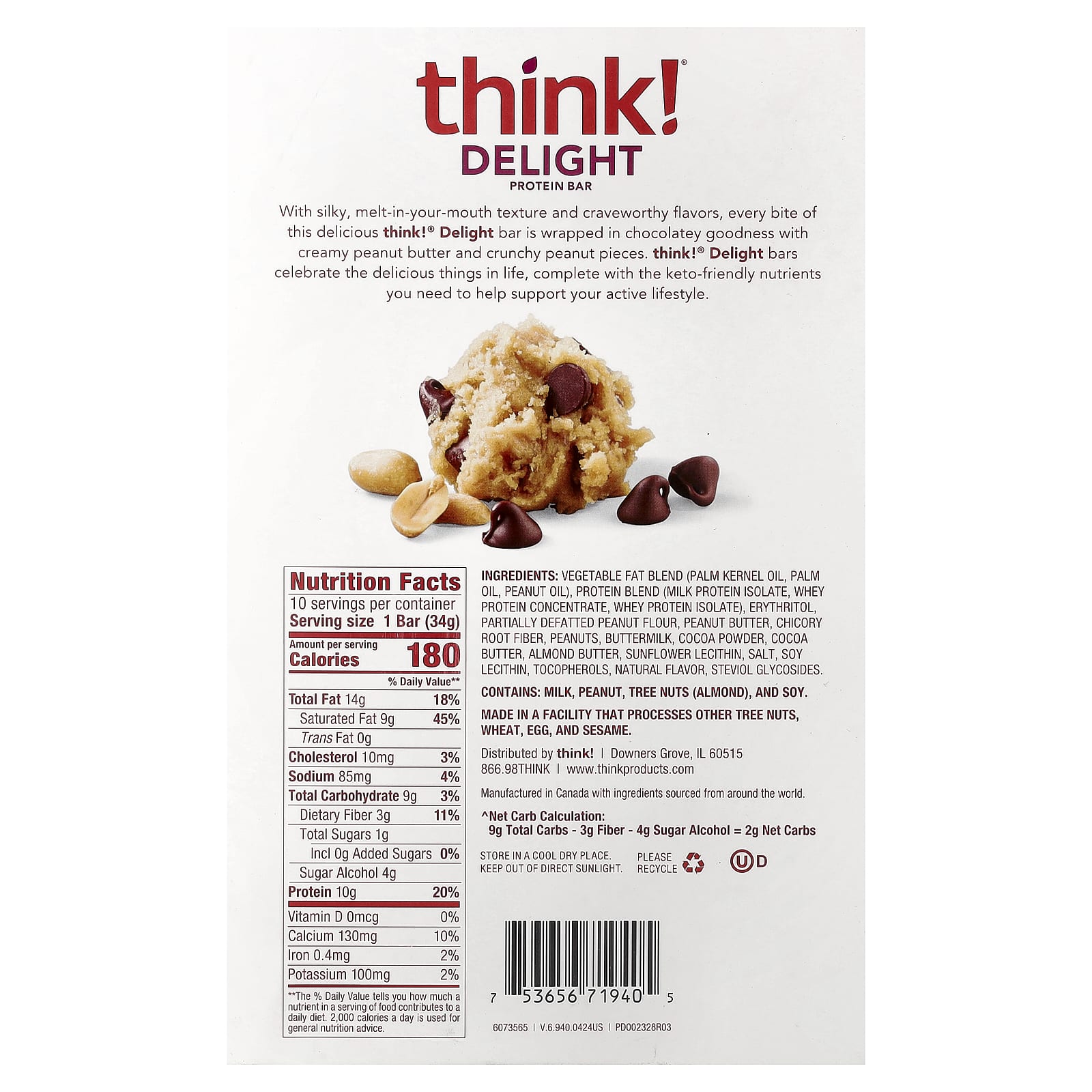Think ! Delight Protein Bar – Chocolate Peanut Butter Cookie Dough – 10 Bars – 34 g — photo 2 sur 2