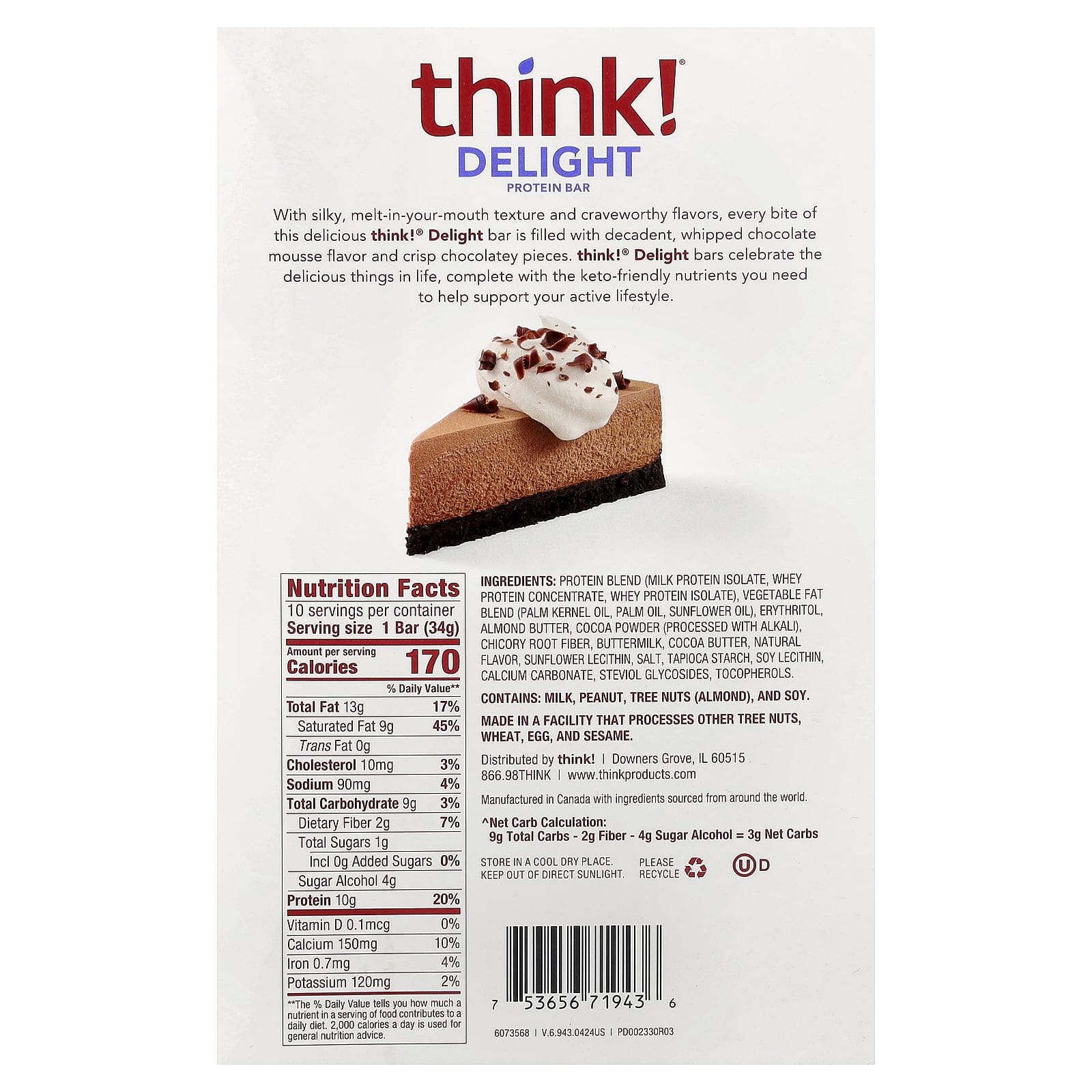 Think ! Delight Protein Bar – Chocolate Mousse Pie – 10 Bars – 34 g — photo 2 sur 2