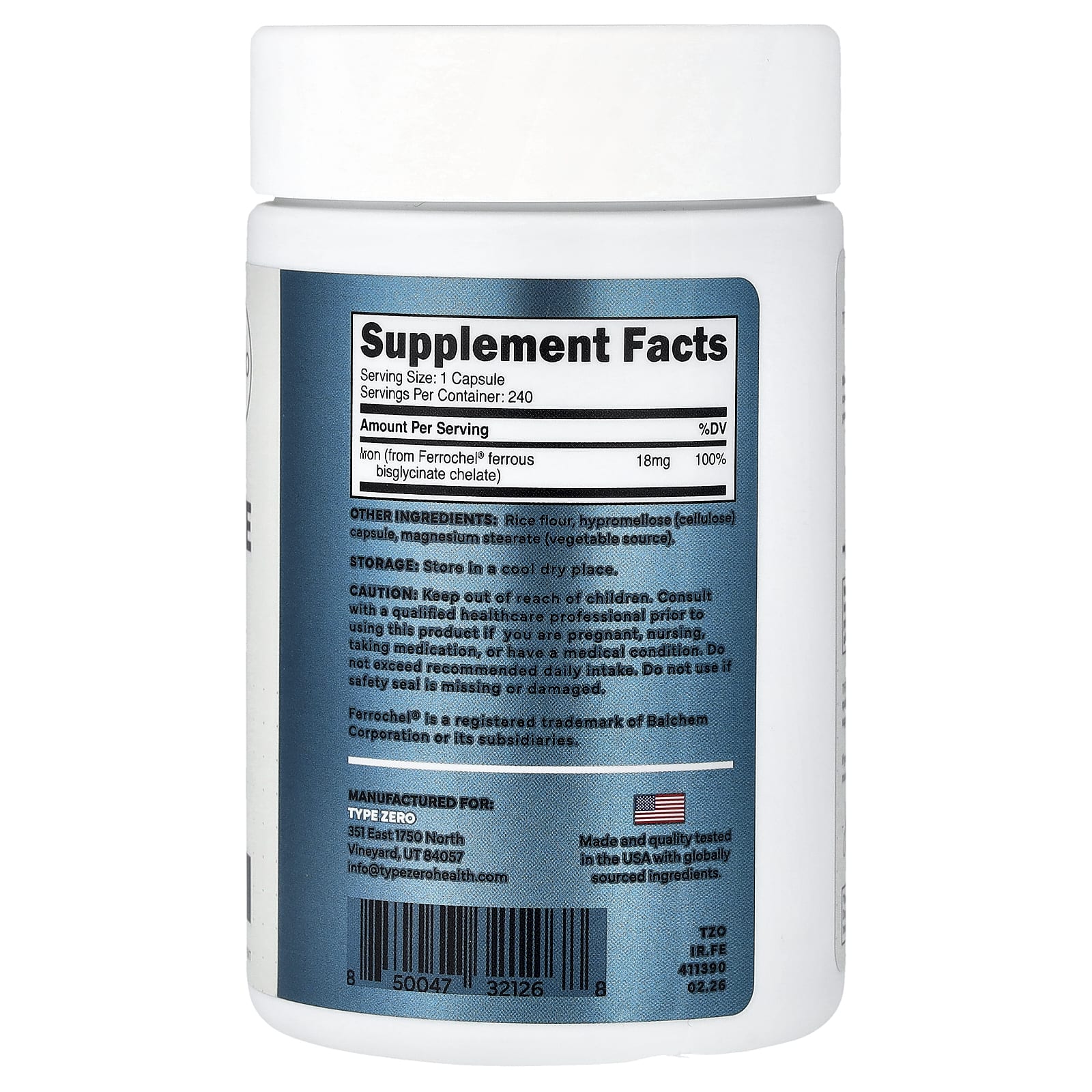 TypeZero Clean, Iron Chelate – 240 gélules — photo 2 sur 2