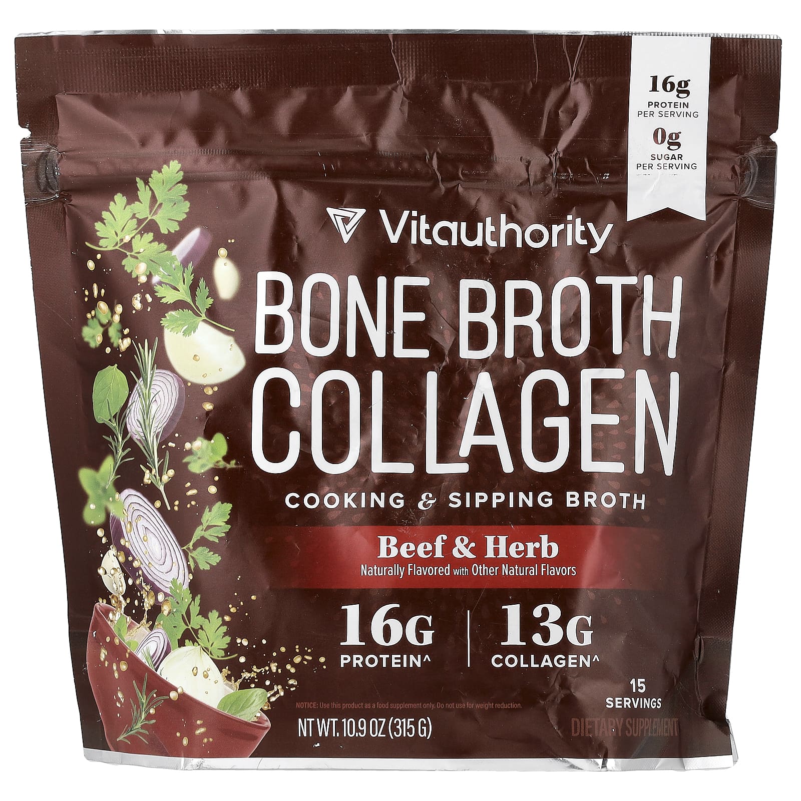 Vitauthority Bone Broth Collagen, Cooking & Sipping Broth, Beef & Herb – 315 g — Tunisie