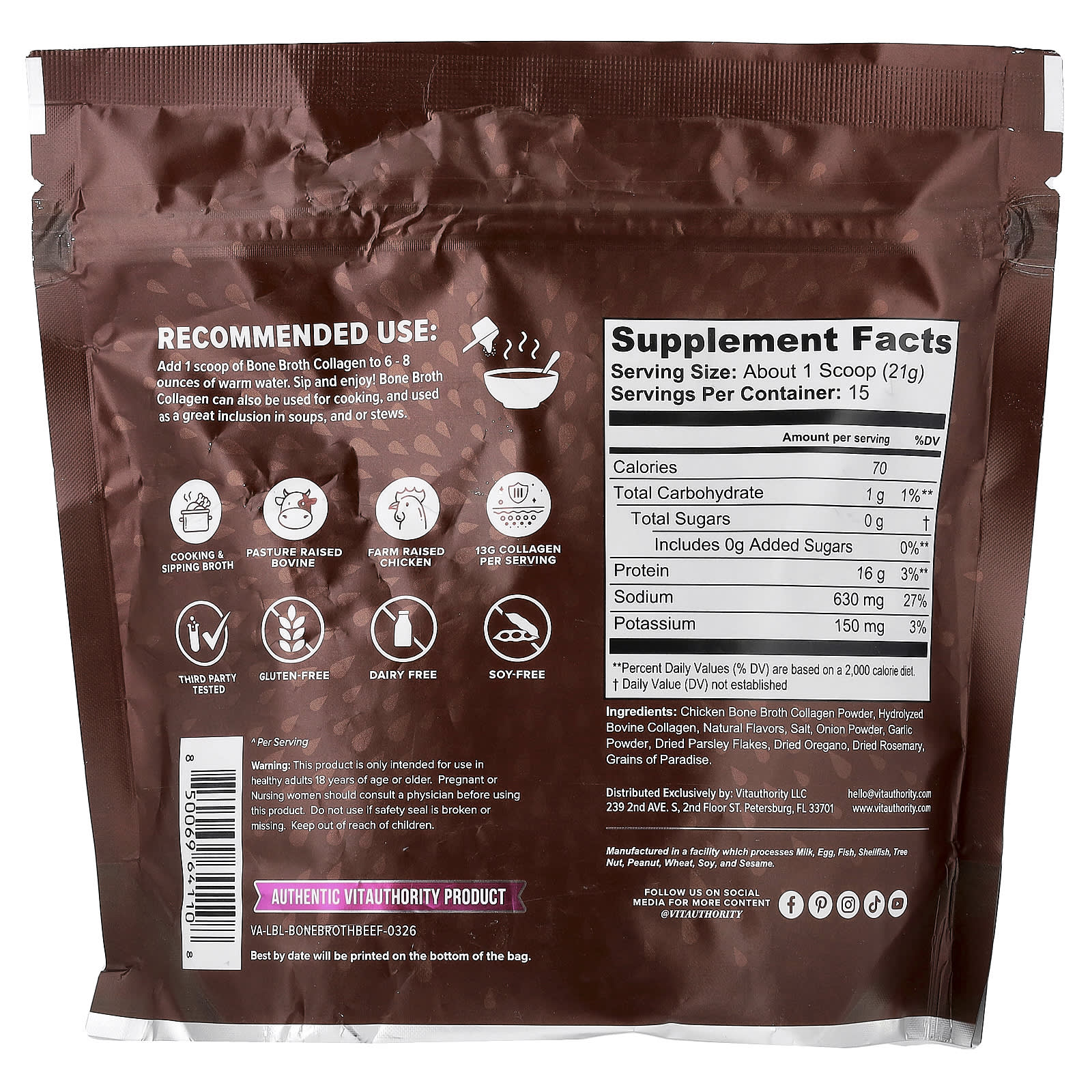 Vitauthority Bone Broth Collagen, Cooking & Sipping Broth, Beef & Herb – 315 g — photo 2 sur 2