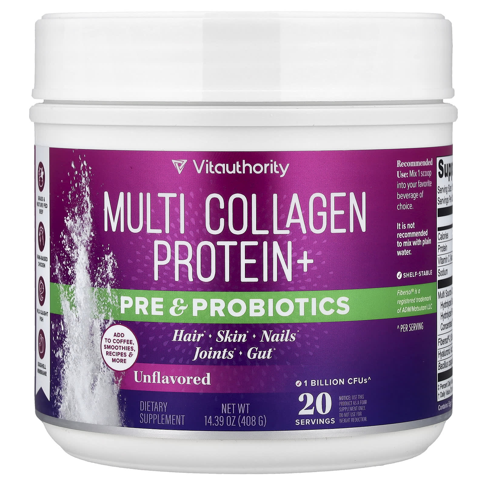 Vitauthority Multi Collagen Protein+ Pre & Probiotics – Sans arôme – 408 g — Tunisie