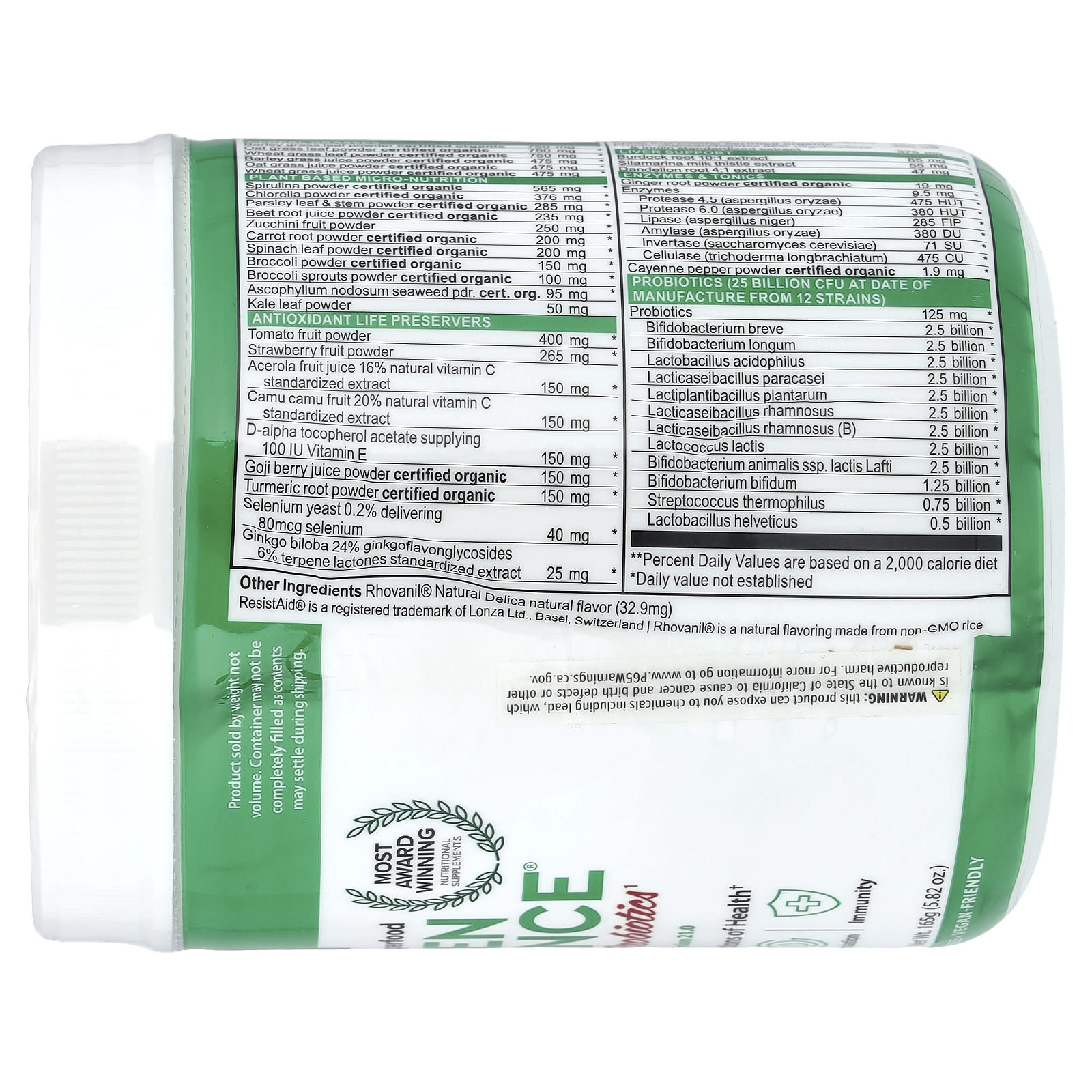 Vibrant Health Green Vibrance +25 Billion Probiotics – 165 g — étiquette 1