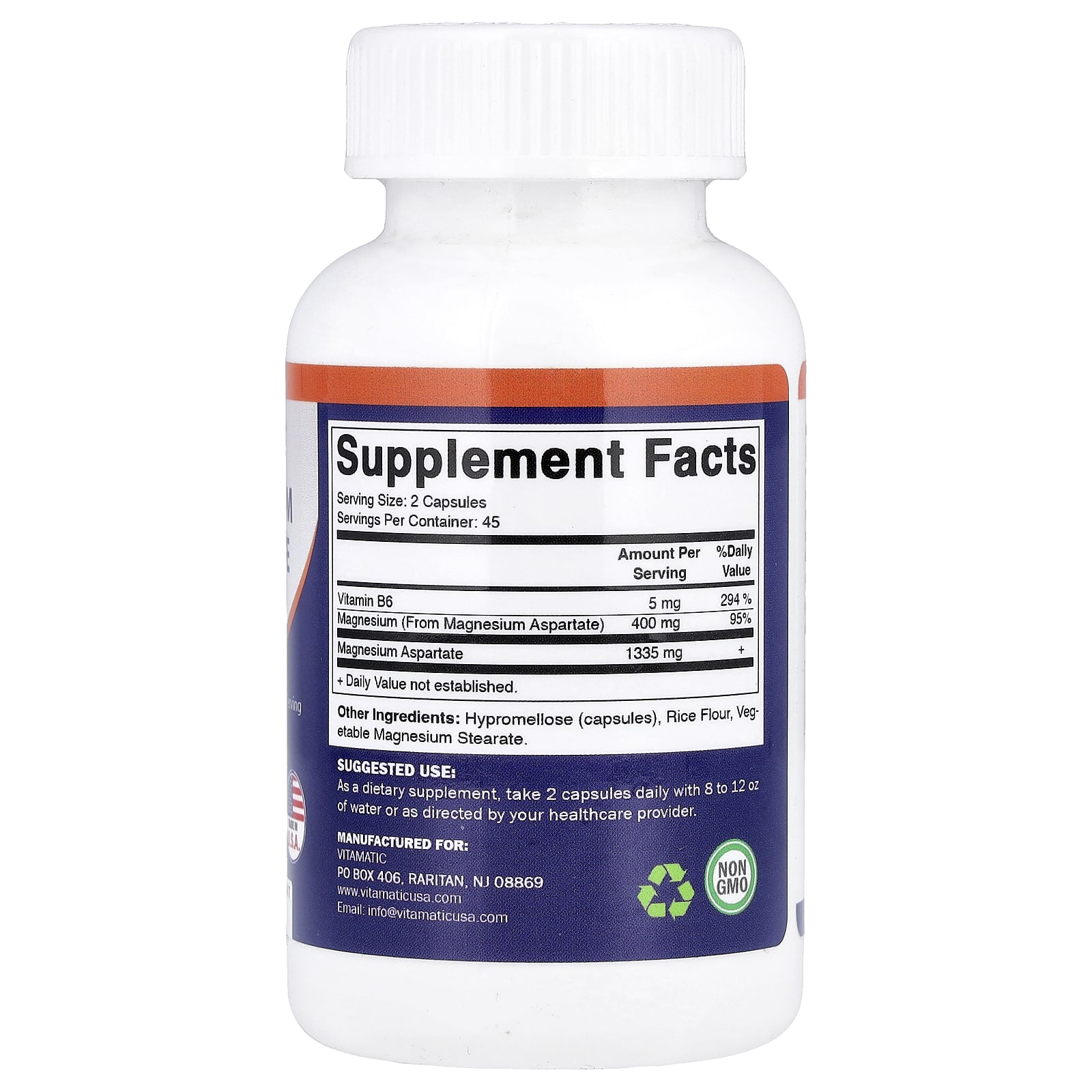 Vitamatic Magnesium Aspartate with B6 – 90 gélules végétales — photo 2 sur 2