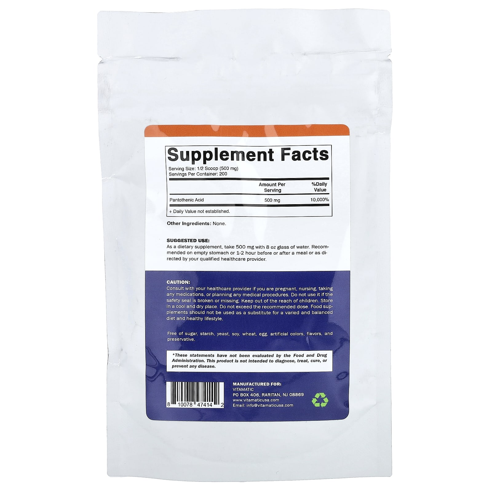 Vitamatic Pantothenic Acid Vitamin B5 – 100 g — photo 2 sur 2