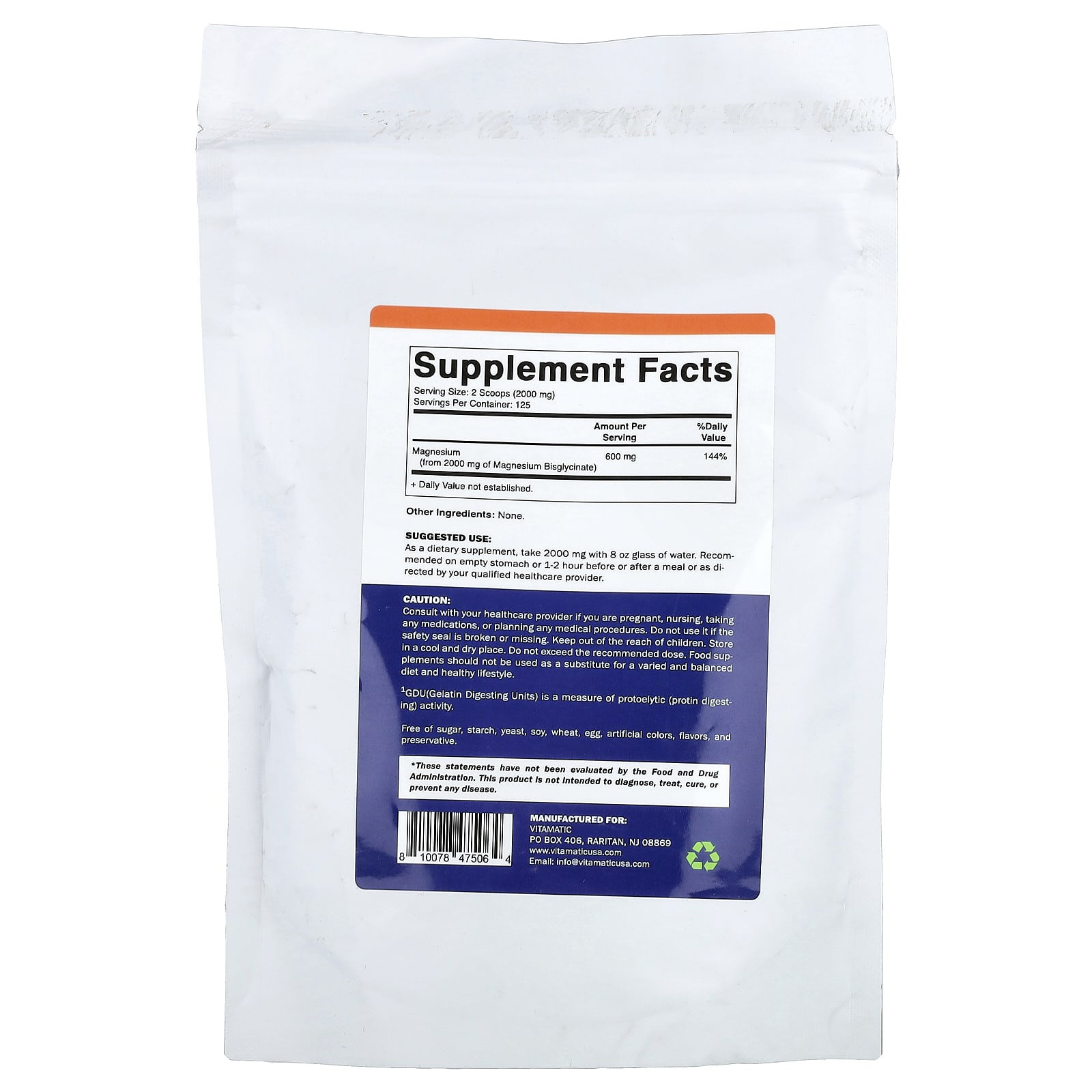 Vitamatic Magnesium Bisglycinate Powder, High Potency – 250 g — photo 2 sur 2