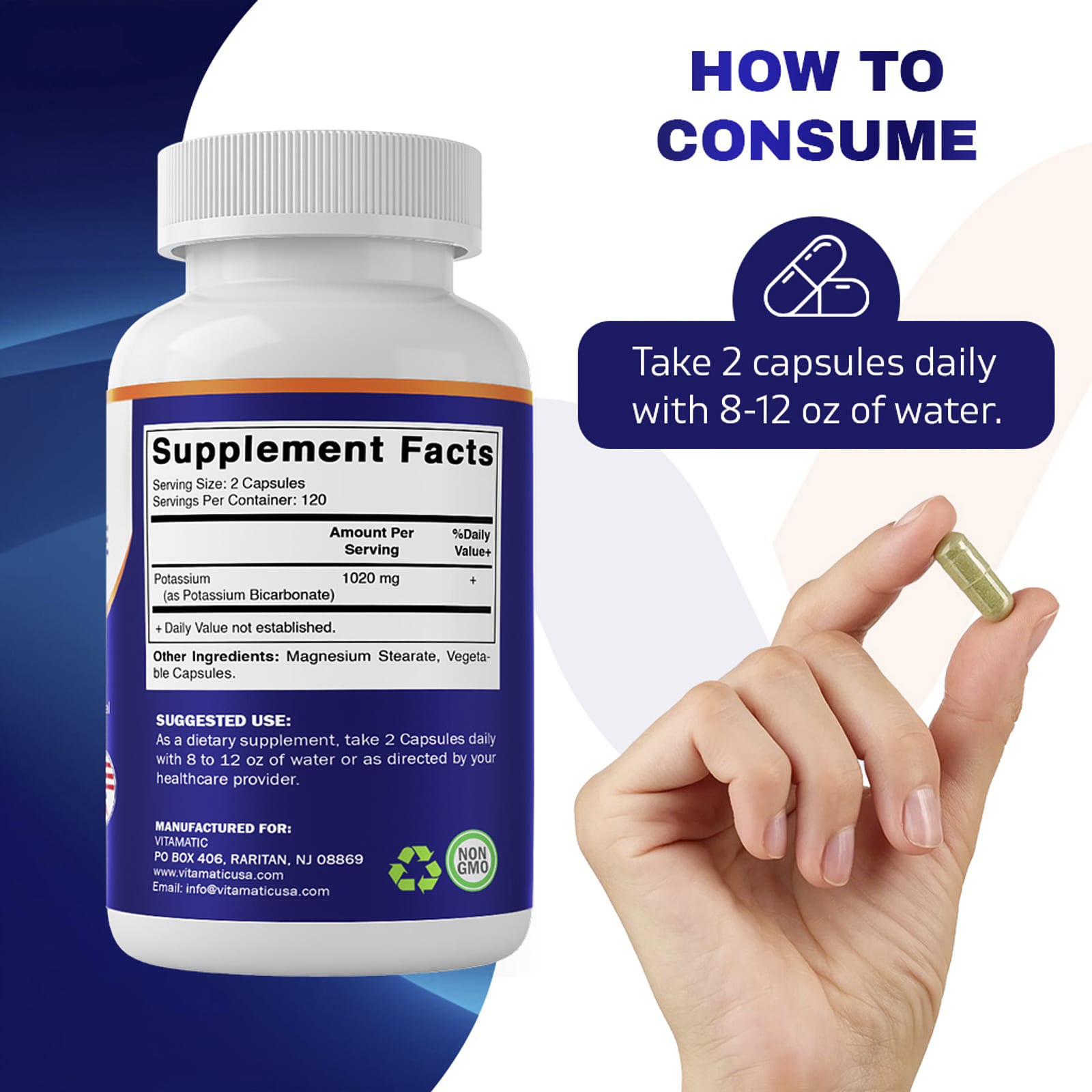 Vitamatic Potassium Bicarbonate, 240 Vegetable Capsules (510 mg per Capsule) — étiquette 1