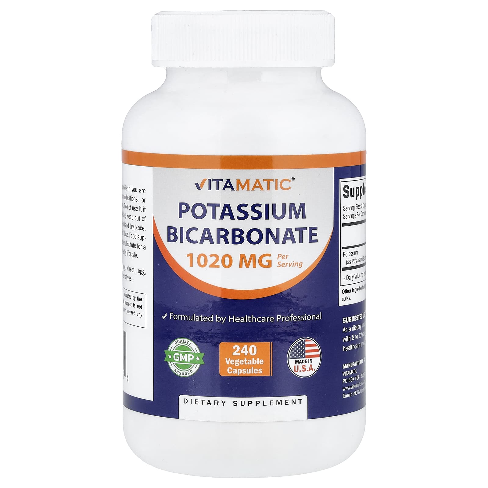 Vitamatic Potassium Bicarbonate, 240 Vegetable Capsules (510 mg per Capsule) — Tunisie