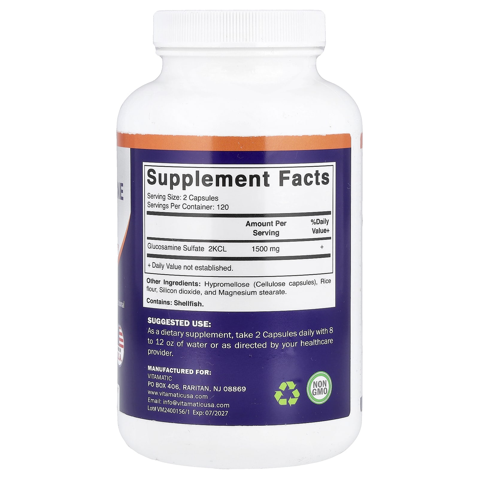 Vitamatic Glucosamine Sulfate, 240 Vegetable Capsules (750 mg per Capsule) — photo 2 sur 2
