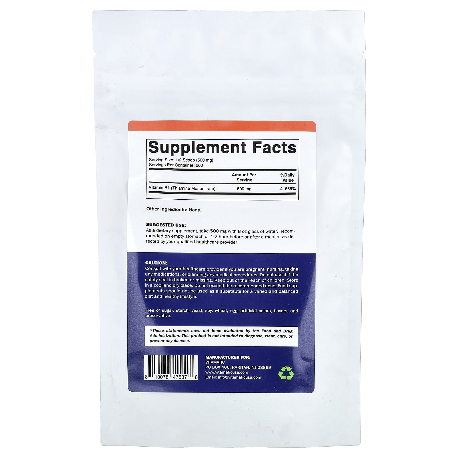 Vitamatic Vitamin B1 Powder – Sans arôme – 100 g — photo 2 sur 2