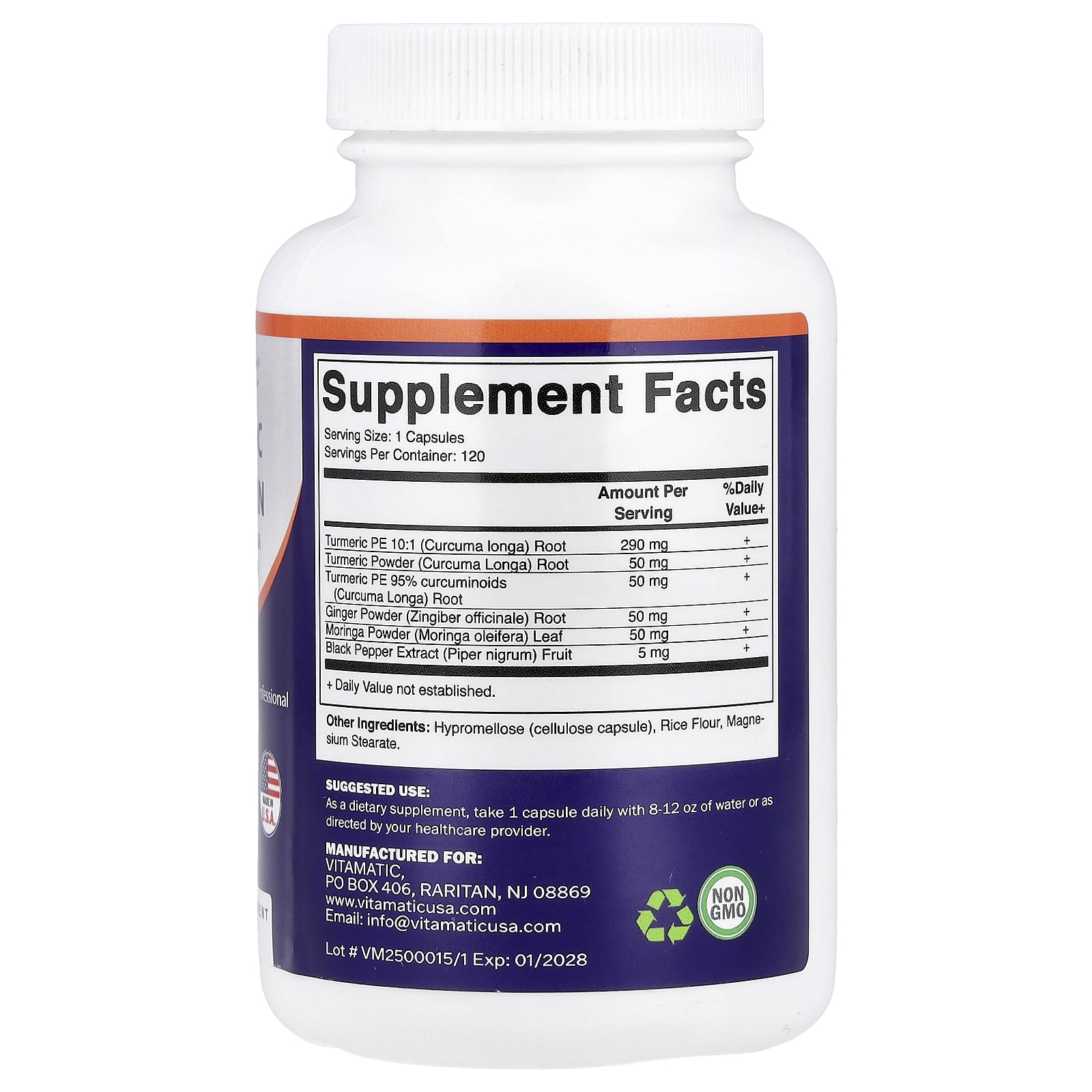 Vitamatic Turmeric Curcumin + Ginger Moringa & Black Pepper, 120 Vegetable Capsules — photo 2 sur 2