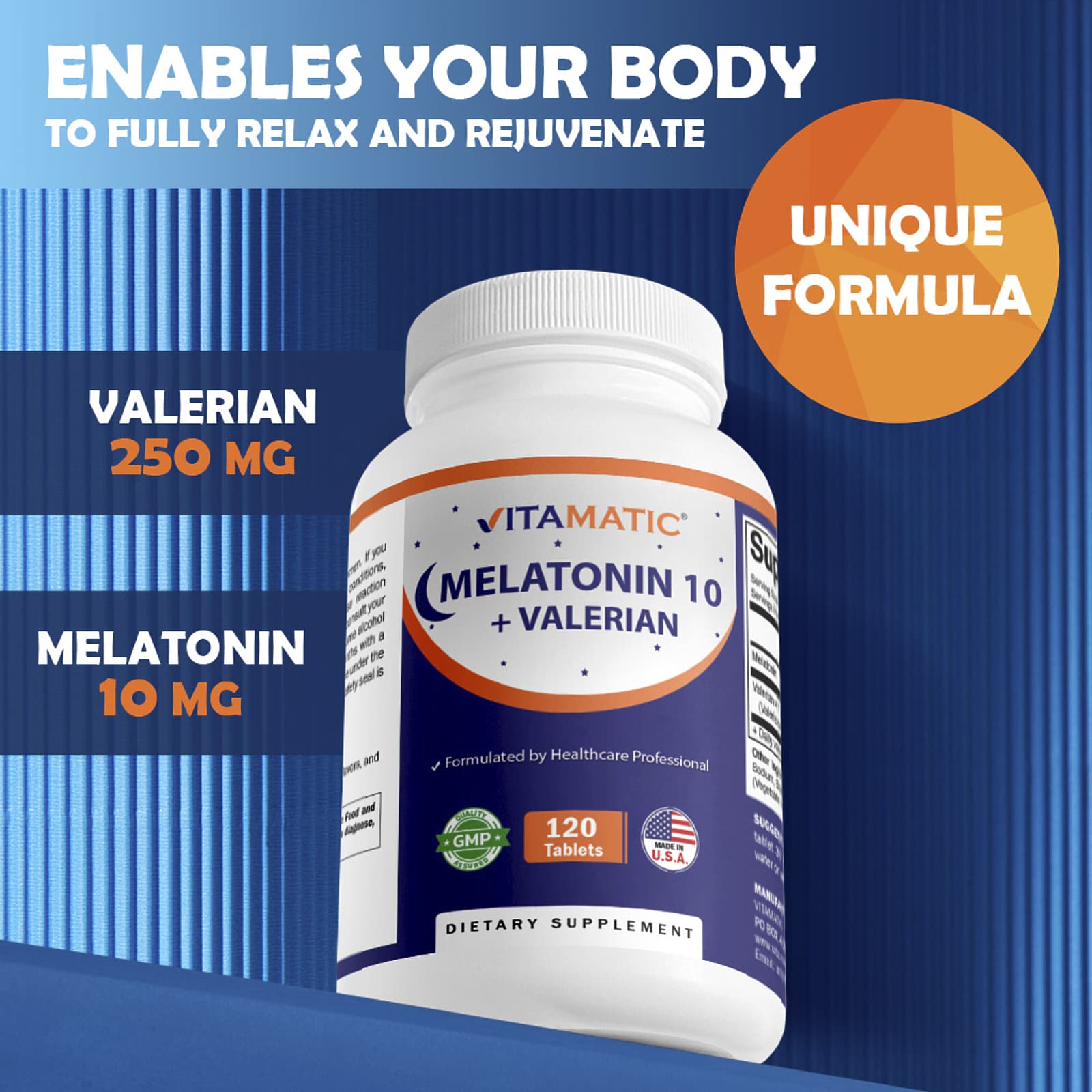 Vitamatic Melatonin 10 + Valerian – 120 comprimés — étiquette 2