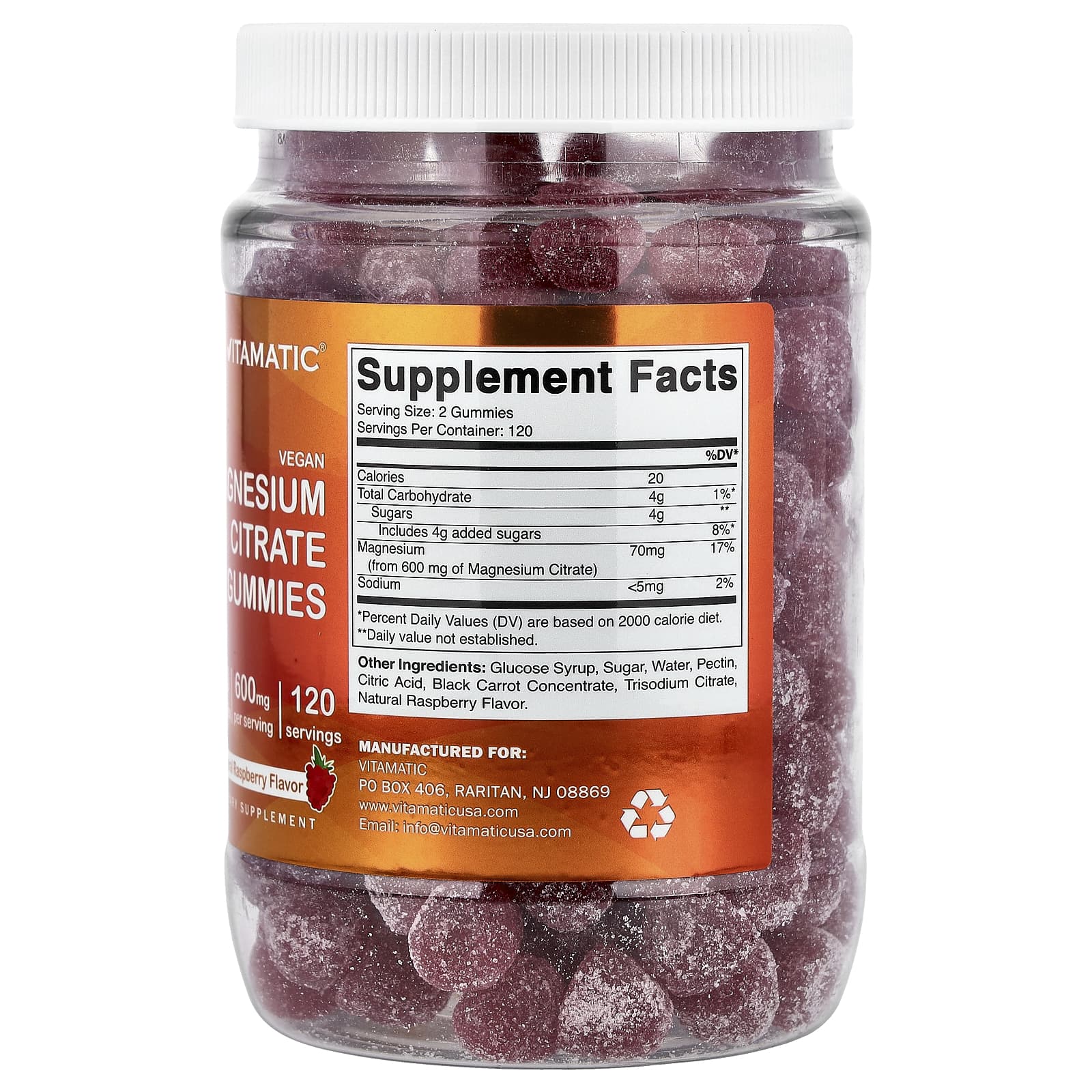 Vitamatic Vegan Magnesium Citrate Gummies – Natural Raspberry – 240 gommes — photo 2 sur 2