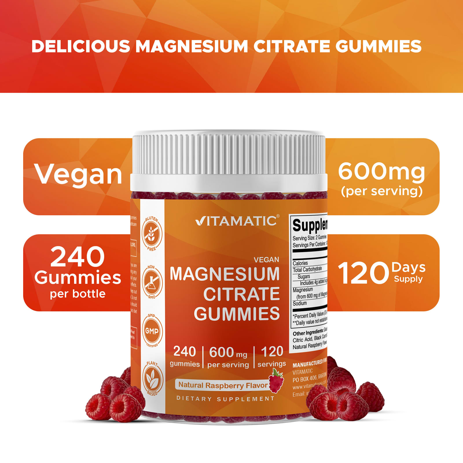 Vitamatic Vegan Magnesium Citrate Gummies – Natural Raspberry – 240 gommes — étiquette 1