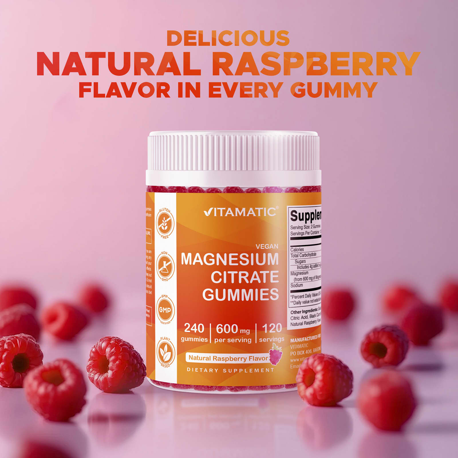 Vitamatic Vegan Magnesium Citrate Gummies – Natural Raspberry – 240 gommes — étiquette 2