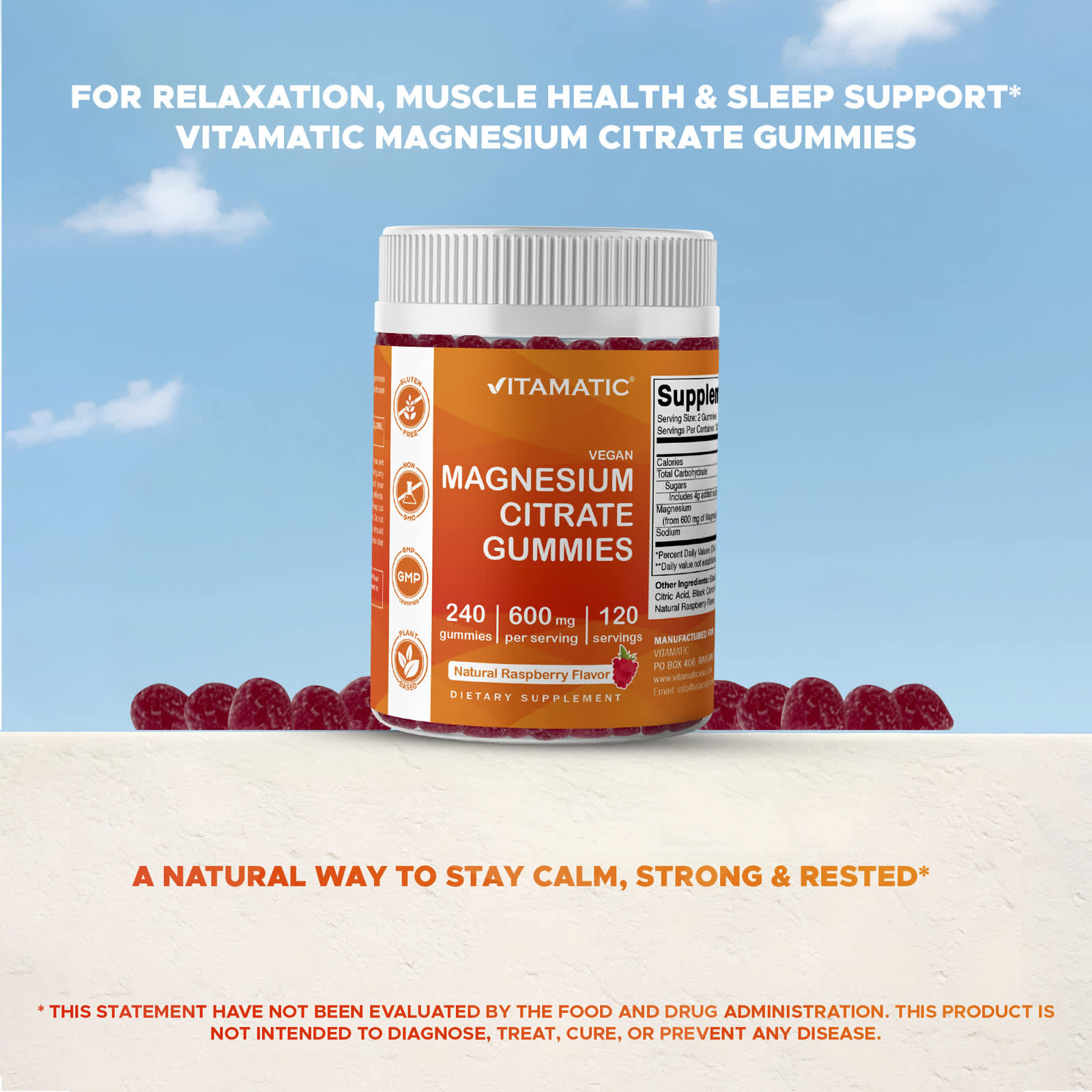 Vitamatic Vegan Magnesium Citrate Gummies – Natural Raspberry – 240 gommes — étiquette 4