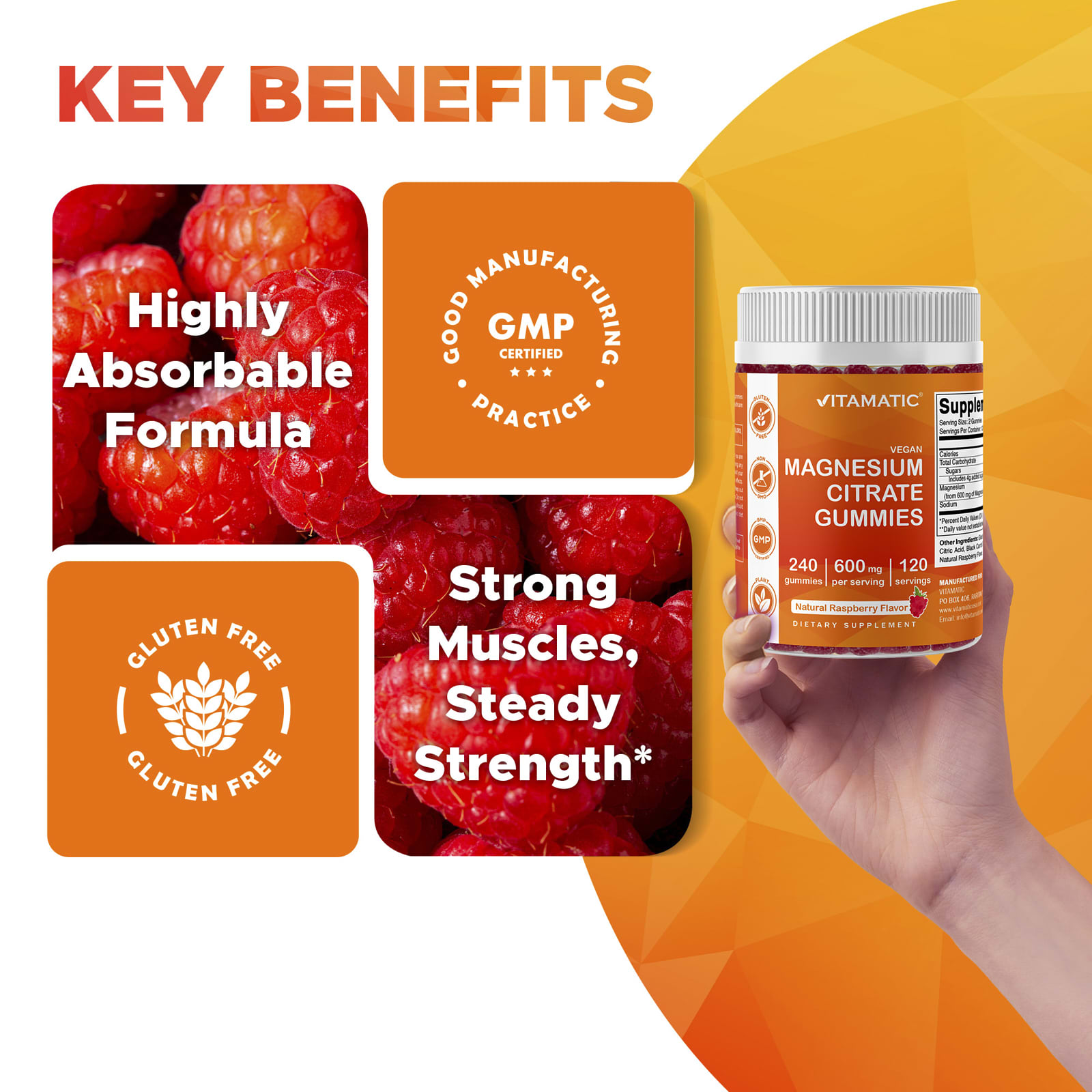 Vitamatic Vegan Magnesium Citrate Gummies – Natural Raspberry – 240 gommes — étiquette 6
