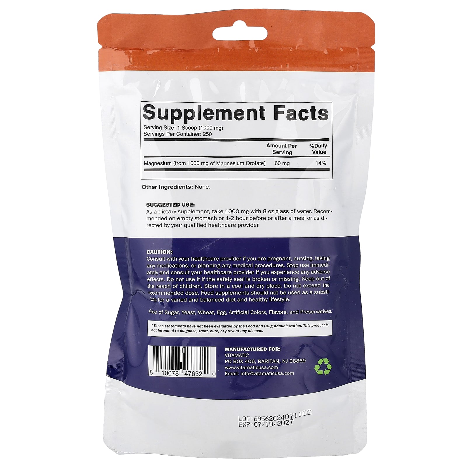 Vitamatic Magnesium Orotate Powder – 250 g — photo 2 sur 2