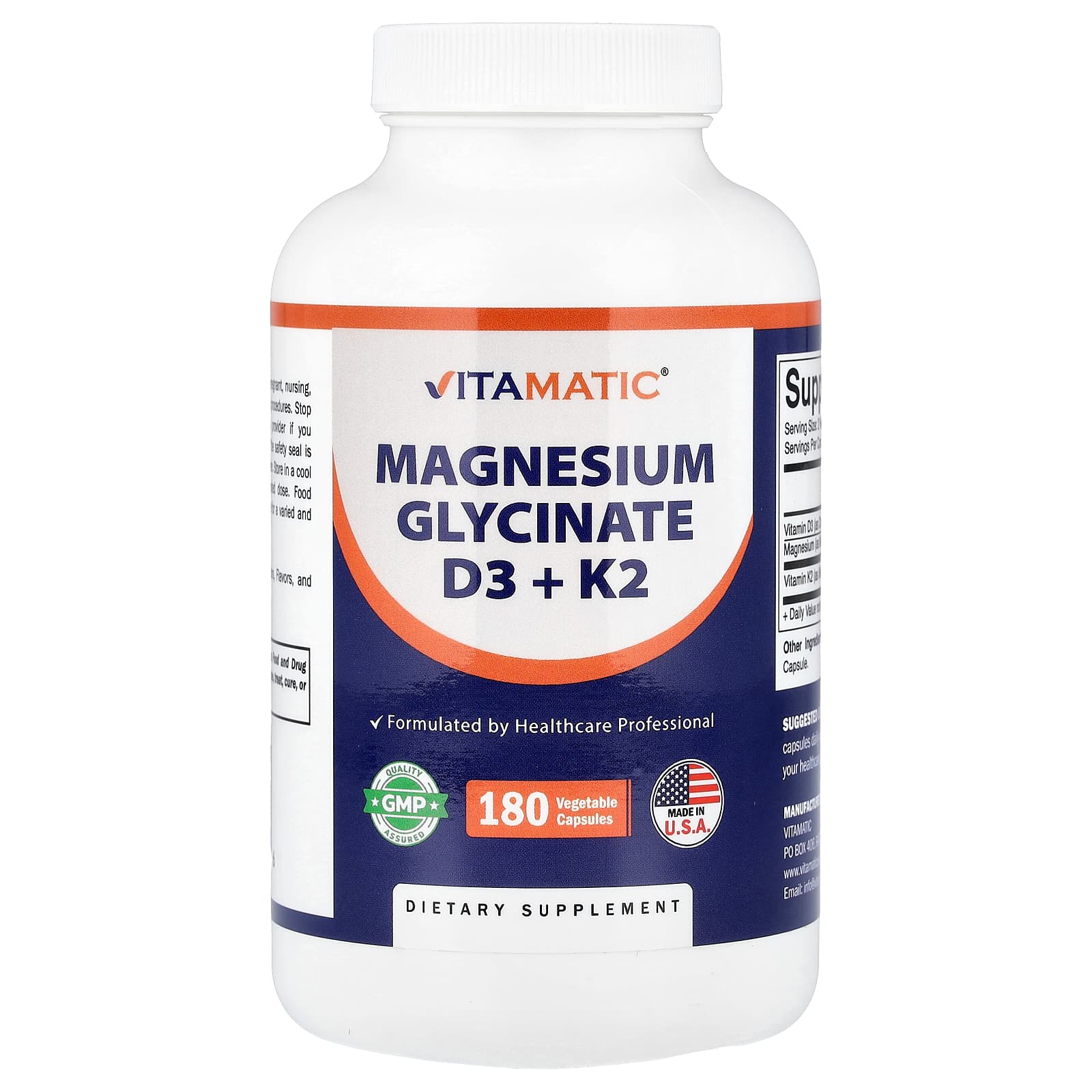 Vitamatic Magnesium Glycinate D3 + K2, 180 Vegetable Capsules — Tunisie