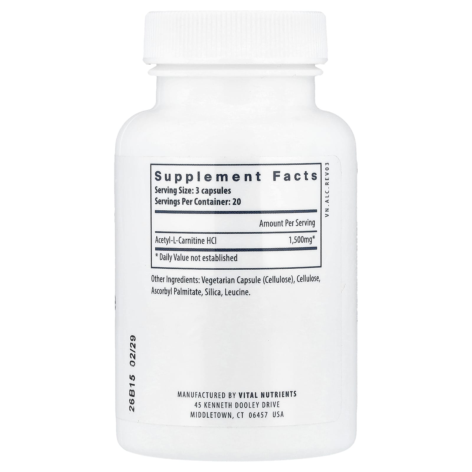 Vital Nutrients Acetyl L-Carnitine – 60 gélules véganes — photo 2 sur 2