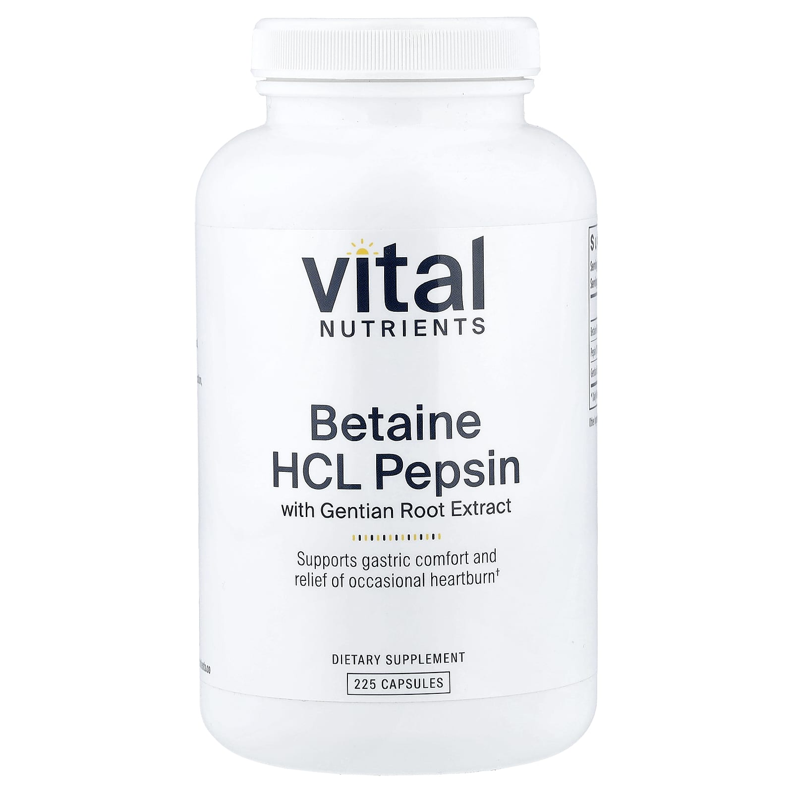 Vital Nutrients Betaine HCl Pepsin with Gentian Root Extract – 225 gélules — Tunisie